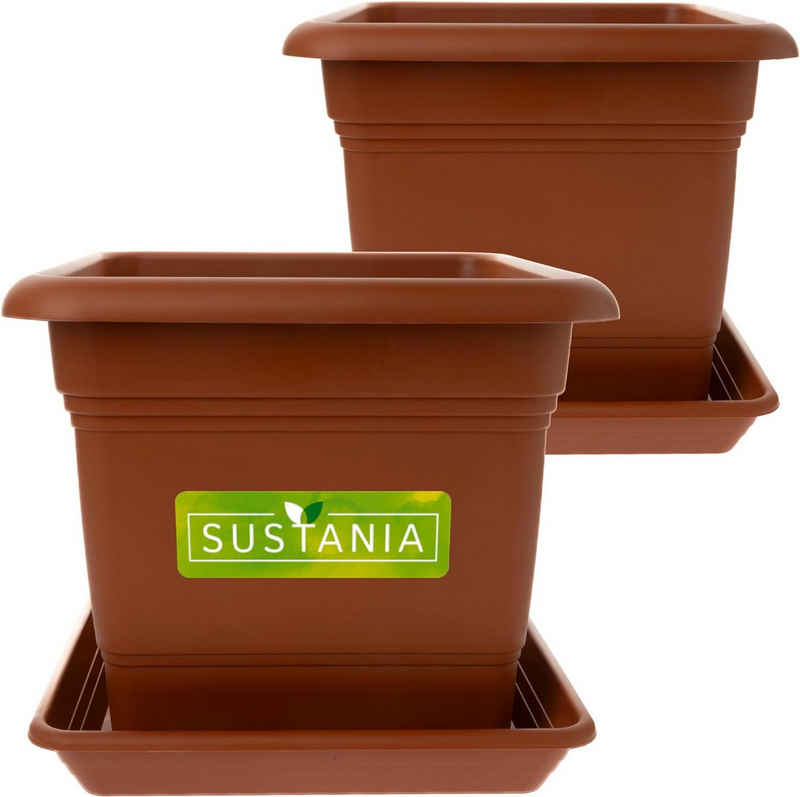 SUSTANIA Pflanzkübel 2er Set - 40x40 Robuster Terracotta Blumentopf, Großer Blumenkasten, Großer Übertopf inkl. Untersetzer für Garten & Terrasse