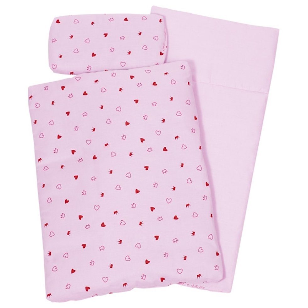 goki Puppen Bettwäsche Puppenbettzeug rosa/weiß Herz/Krone 3-teilig, (Set, 3-tlg., 1), mit Kopfkissen, Oberbett und Unterbett