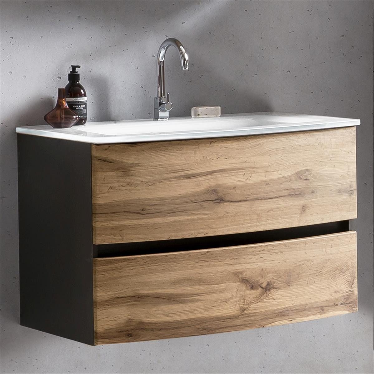 Lomadox Waschtisch LAURIA-03, grau mit Wotaneiche Nb. inkl. Glaswaschbecken weiß 80x53x49 cm