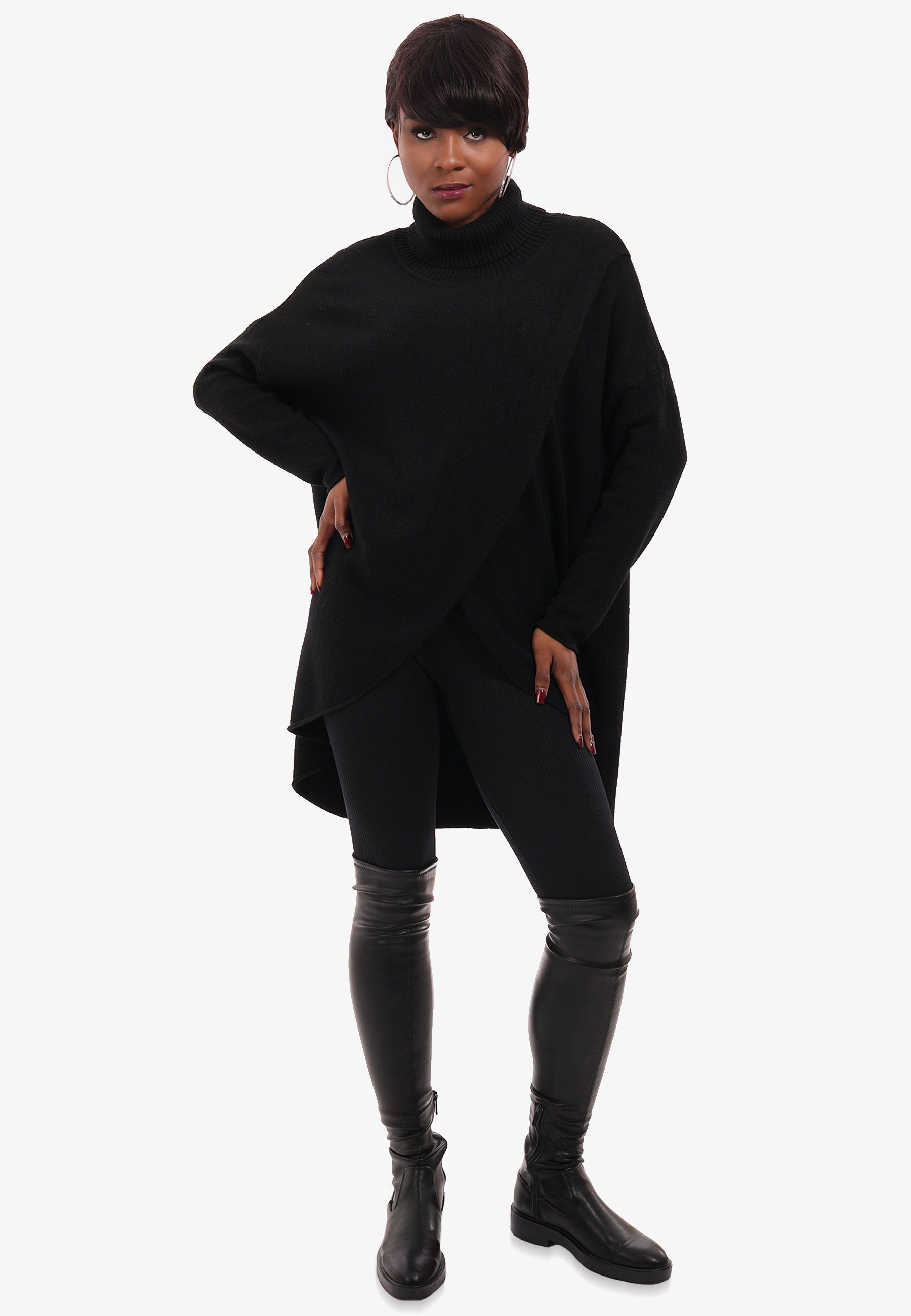 Style YC mit in Wickeloptik Strickpullover & Longpullover in schwarz Unifarbe Rollkragen Fashion