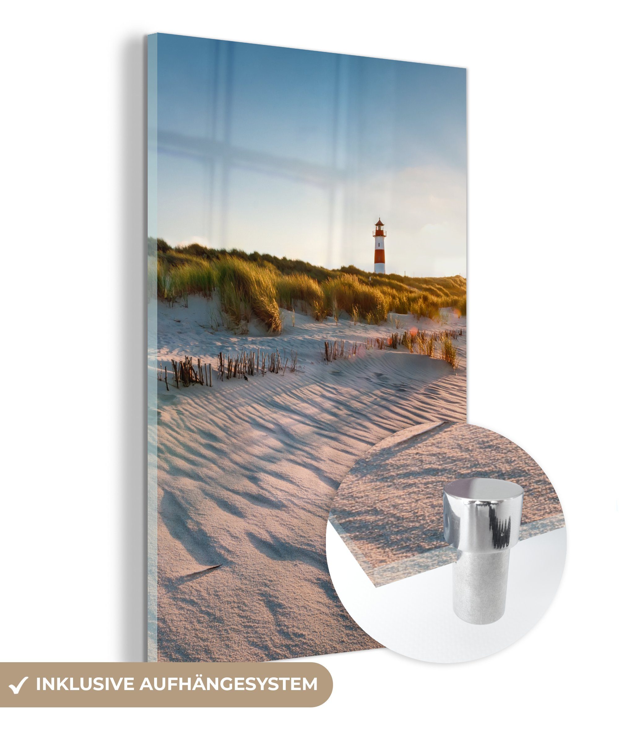 - Bilder Glas Strand Acrylglasbild Sonnenuntergang, auf Wandbild - MuchoWow (1 auf - Glas St), - Glasbilder Leuchtturm Foto Wanddekoration -