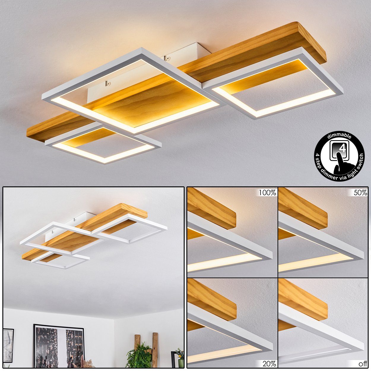 hofstein Deckenleuchte »Palermo« dimmbare Deckenlampe aus Metall/Holz/Kunststoff, Natur/Weiß, 3000 Kelvin, über herkömmlichen Lichtschalter dimmbar, LED, 4000 Lumen