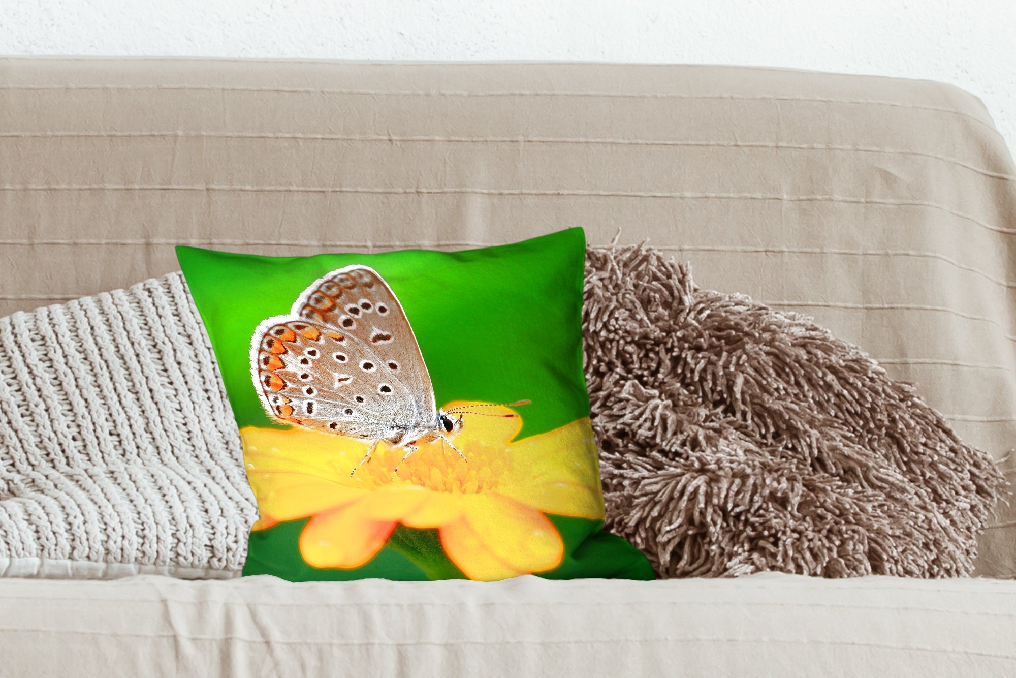 Natur, für Blumen - MuchoWow Deko, - Zierkissen Füllung Schmetterling mit Wohzimmer, Dekokissen Schlafzimmer, Sofakissen