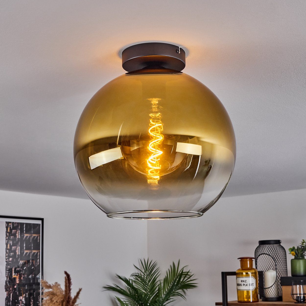 ohne hofstein aus Metall/Glas Deckenlampe Schwarz/Goldfarben/Klar, »Cesaro« Deckenleuchte Schirm im Glas Retro/Vintage-Design aus mit in 1xE27 Leuchte Leuchtmittel, (30cm),