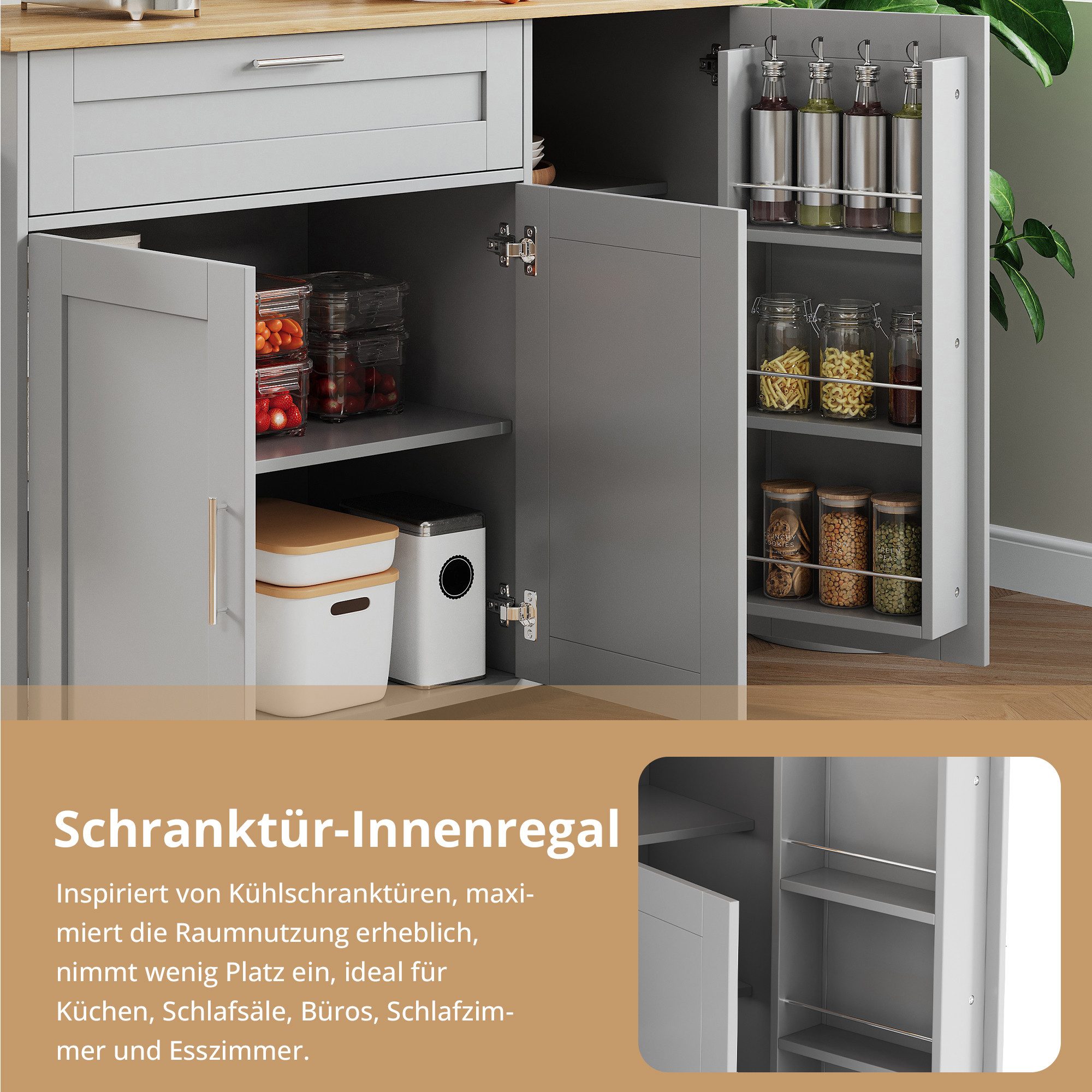 MODFU Küchenwagen mit erweiterbarer Arbeitsplatte, Eiche Maserung, (Kücheninsel, Servierwagen, Küchenschrank, 1 St., 3 Türen, 1 Schublade, Gewürzregal, Handtuchhalter), mit verstellbare Regale, Gewürzablagen an der Tür, 132.5*44(70)*90cm