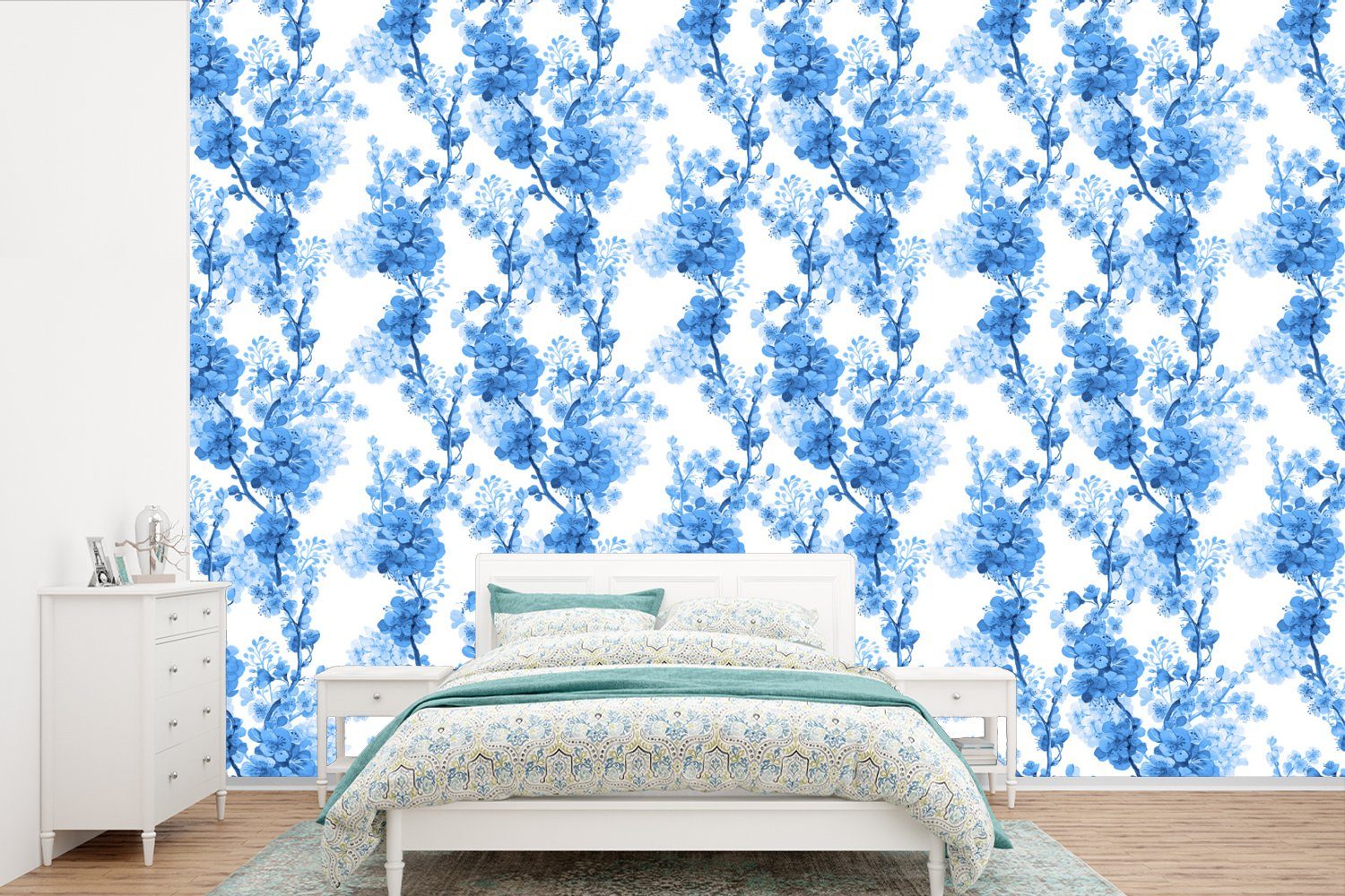 MuchoWow Fototapete Blumen - für Vinyl bedruckt, Kinderzimmer, Muster Matt, - Schlafzimmer, St), Blau, - Wallpaper (6 Tapete Wohnzimmer, Blüte