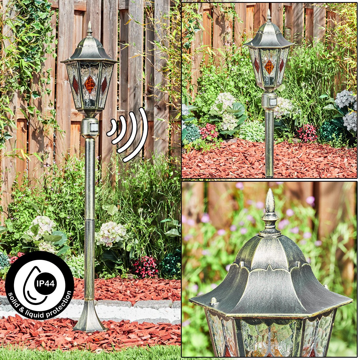 hofstein Pollerleuchte Außenwegeleuchte mit Bewegungsmelder aus Metall/Glas, E27, IP44, Wegelampe Antik/Landhaus/Vintage in Braun/Gold/Klar/Orange, Höhe 122cm