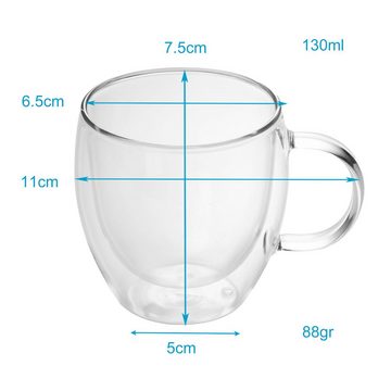 Intirilife Thermoglas, Glas, 2x Thermoglas Teeglas Kaffeeglas 150ml Doppelwandig