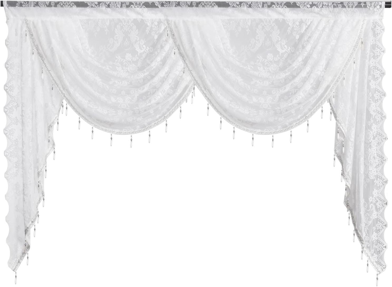 Kaket Vorhang Blumen Vintage Deko Vorhang, halbtransparente Spitzenvorhänge, Satin-Panels mit kurzen Vorhängen, mit Perlenquasten