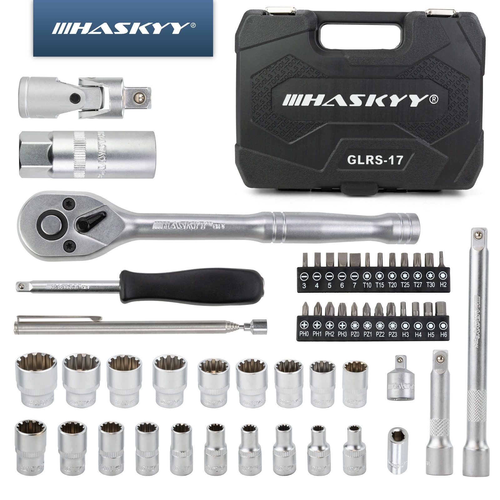 HASKYY Steckschlüssel HASKYY Steckschlüsselsatz 3/8" 1/4" mit Ratsche, Bits und Stecknüssen – Bild 2 von 5