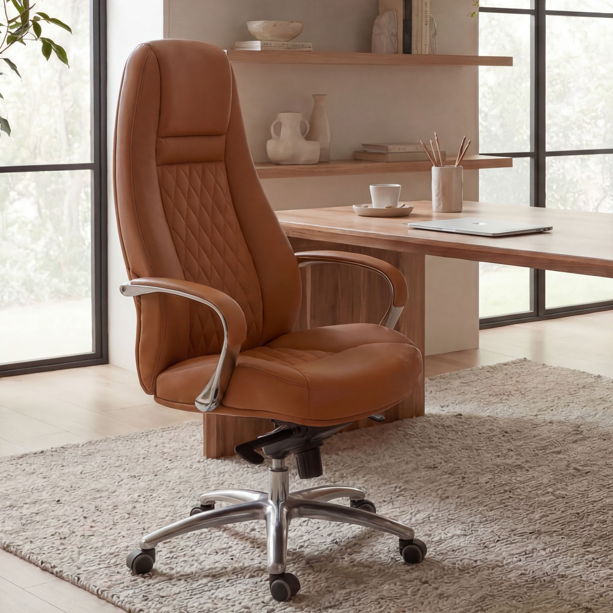 FINEBUY Chefsessel Bürostuhl Echtleder Schreibtischstuhl ergonomisch Drehstuhl (Bürostuhl AUSTIN Echtleder Caramel 120 kg), Schreibtischstuhl Hohe Rückenlehne mit Kopfstütze