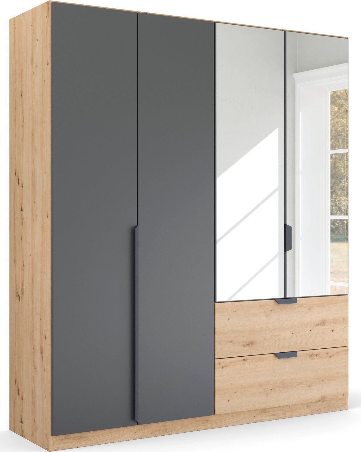 rauch Drehtürenschrank Kleiderschrank Schrank Garderobe Ankleide DARK&WOOD BY QUADRA SPIN (Breiten: 181/226/271 cm, Höhe 210 cm) im Industrial Style mit Schubkästen in Eiche Dekor, mit Spiegel