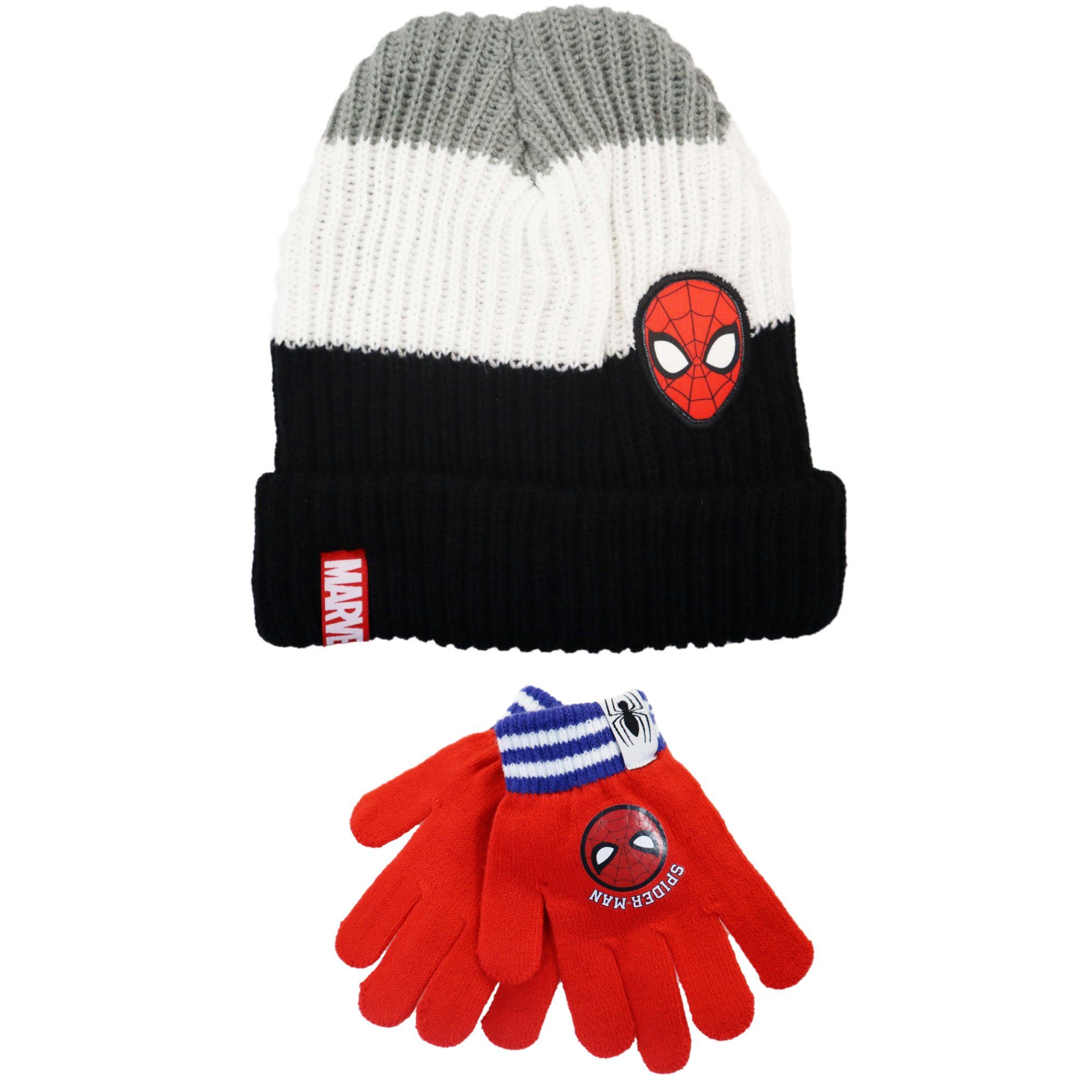 MARVEL Strickmütze Spiderman Kinder Herbst Winter Set Mütze plus Handschuhe Gr. 52 bis 54