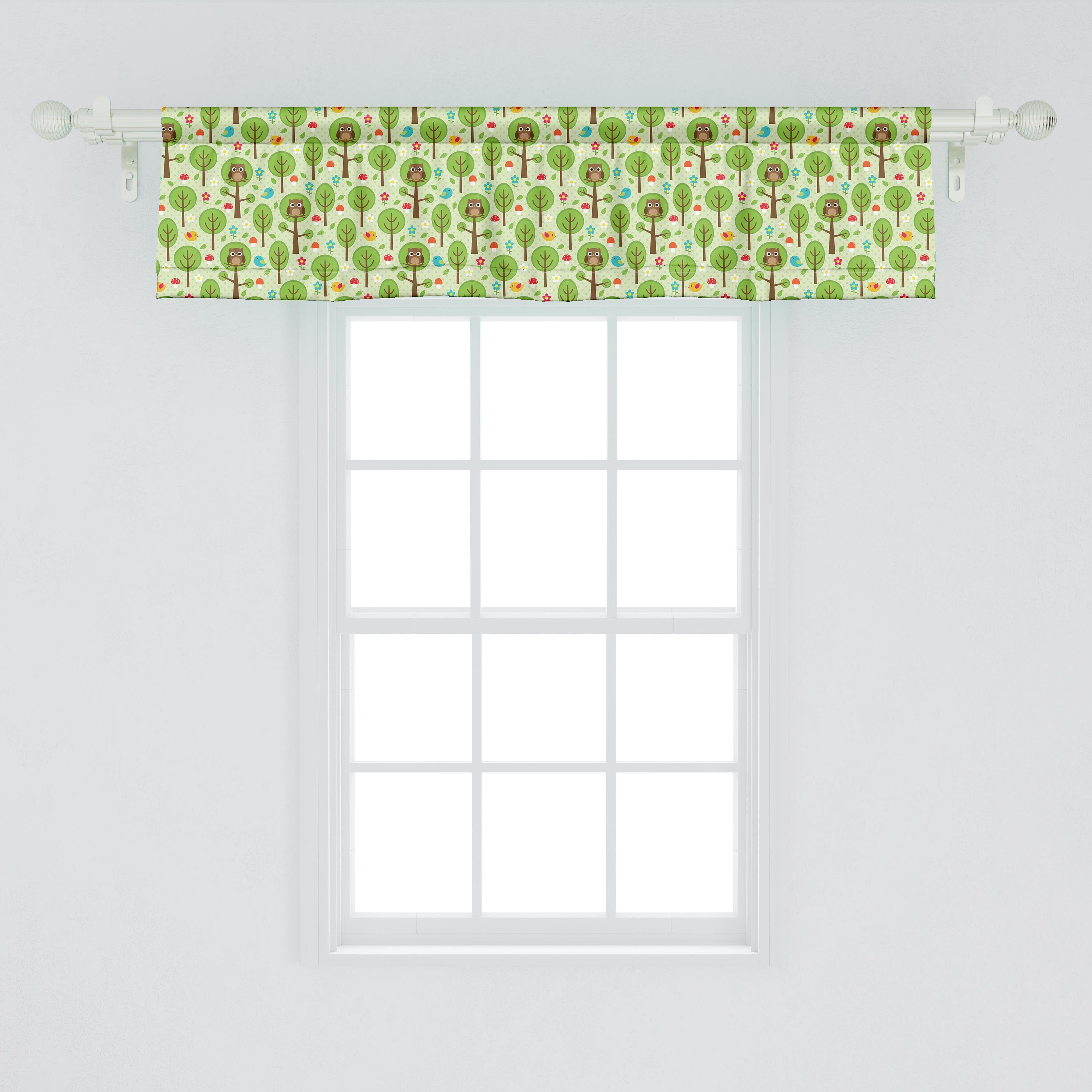 Scheibengardine Vorhang mit Stangentasche, für Waldlandschaft Volant Microfaser, Frühling Dekor Eulen Abakuhaus, Küche Schlafzimmer