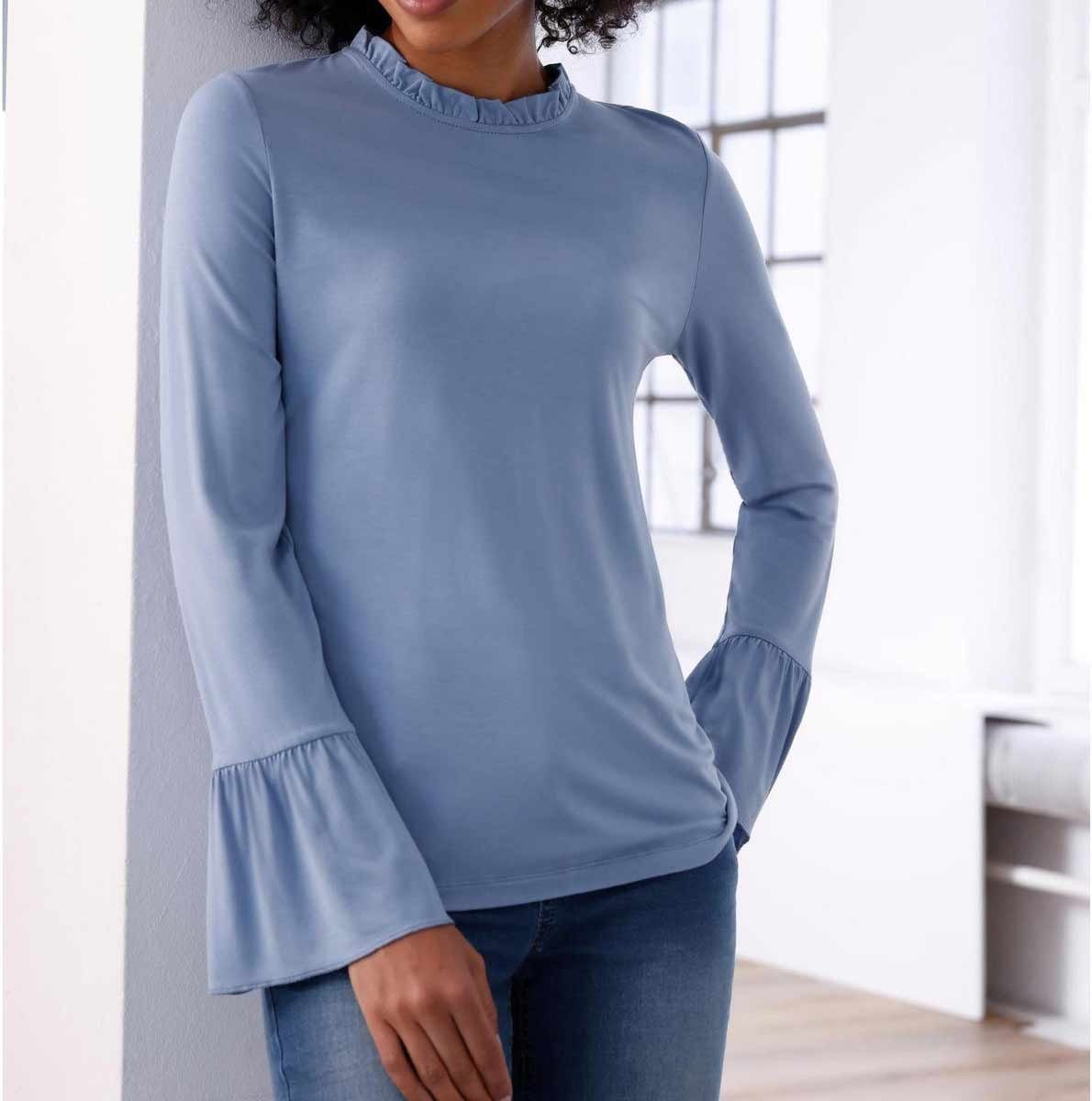 heine Damen m. TESINI bleu Designer-Jerseyshirt LINEA Volants, T-Shirt