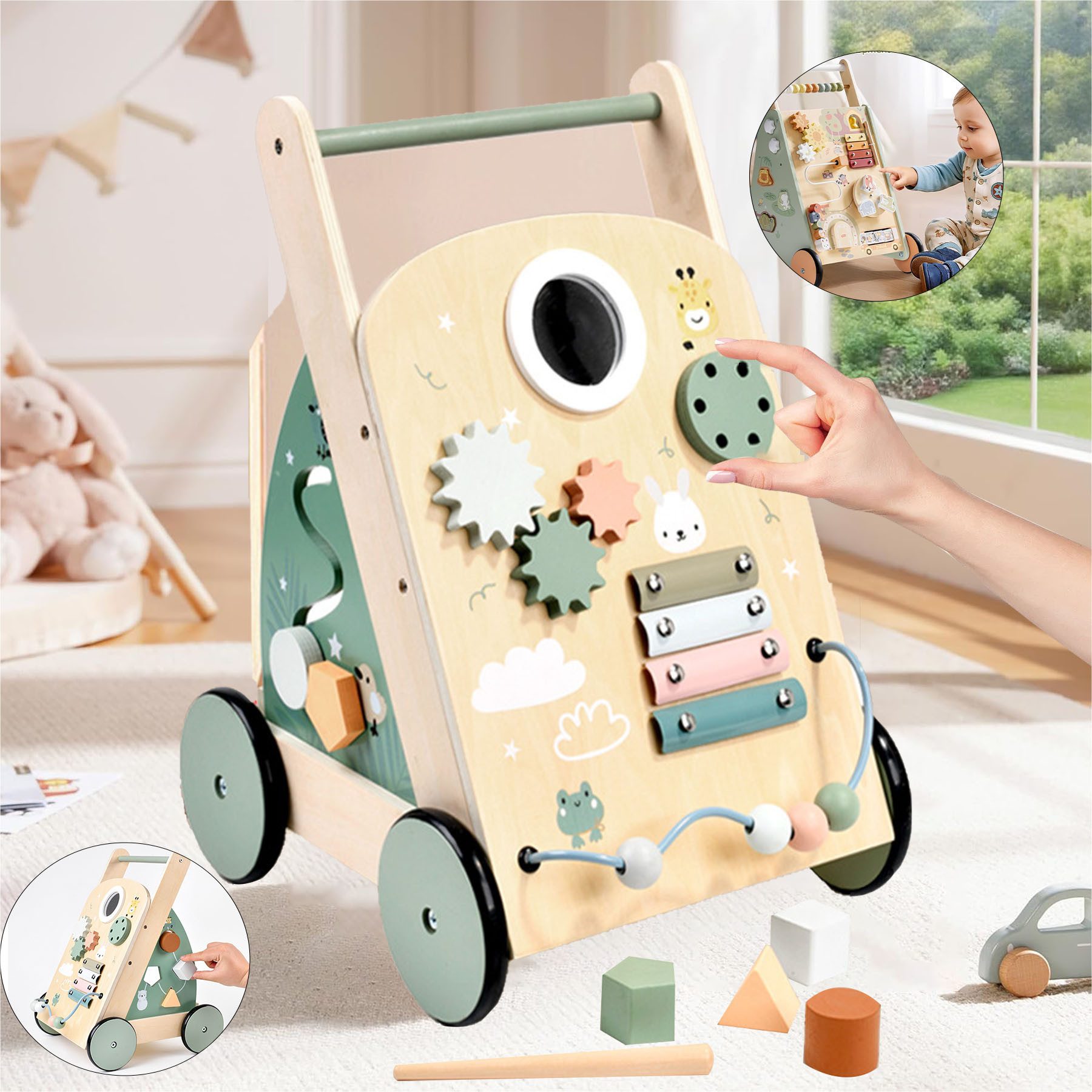 Keyura Lauflernhilfe Baby Lauflernwagen Holz mit Rädern,Montessori Lauflernspielzeug, (2-in-1 Activity Baby Lauflernhilfe – fördert Motorik und Kognition, Schiebewagen mit Aktivitätscenter,Verstellbarer Geschwindigkeit & Höhe), Regt Die Kreativität an für Mädchen & Jungen ab 1 Jahr
