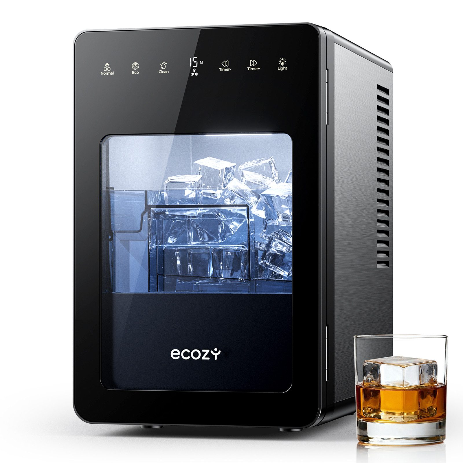 eCozy Eiswürfelmaschine für 50 mm extragroß, kristallklare Eiswürfel, für Whisky & Home Bar, Selbstreinigung, 24h Startzeitvorwahl, LED-Display, 96 Eiswürfel/Tag