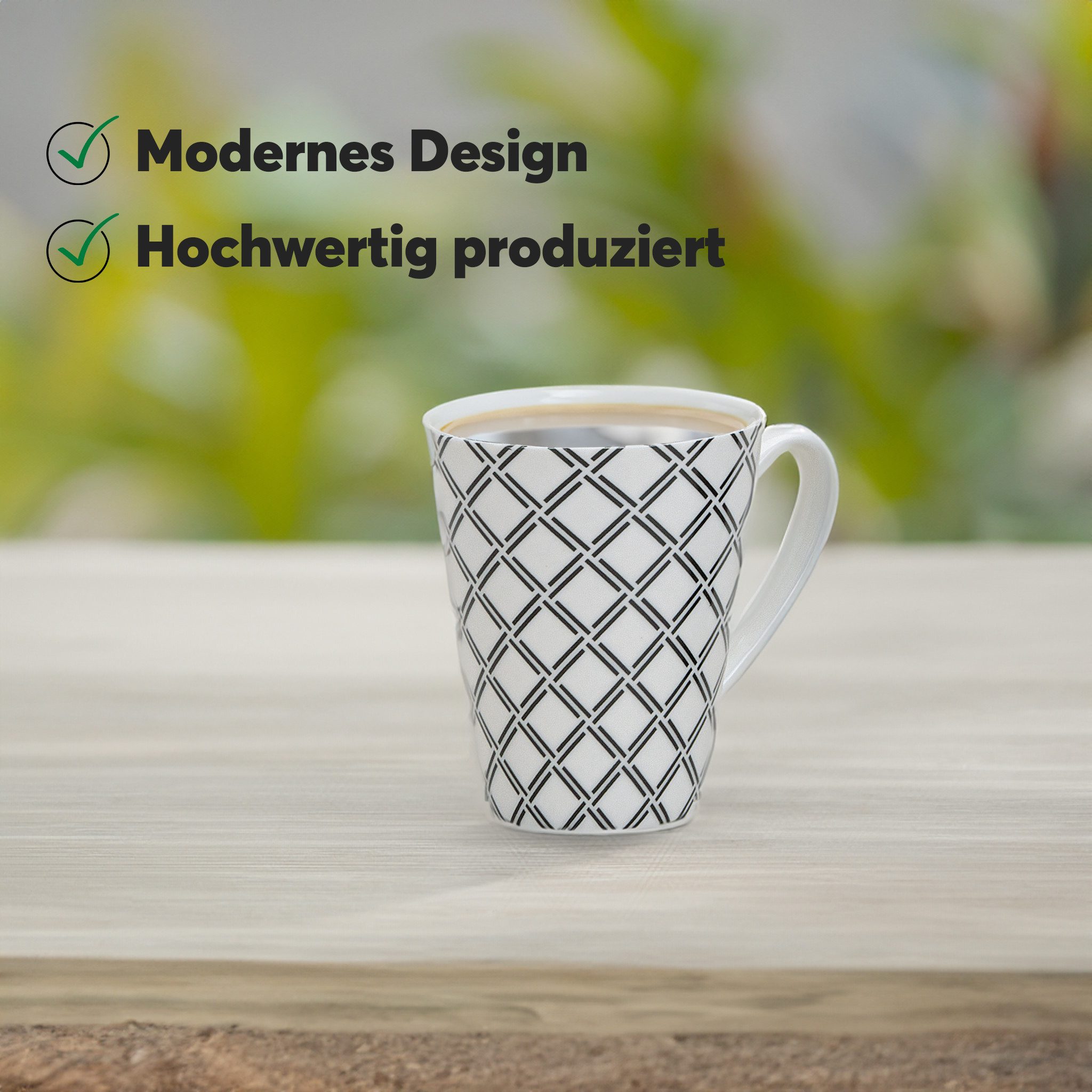 matches21 HOME & HOBBY Tasse Kaffeetassen 4er Set Retro Muster geflochten gestreift, 4-tlg., Keramik, Tee Kaffee-Becher, modern, schwarz weiss, 250 ml