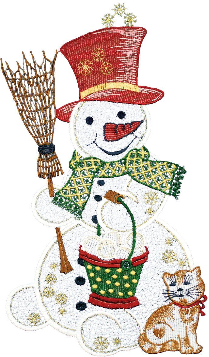 W. Reuter & Sohn - Plauener Spitze® Fensterbild Schneemann mit Katze, Made in Germany