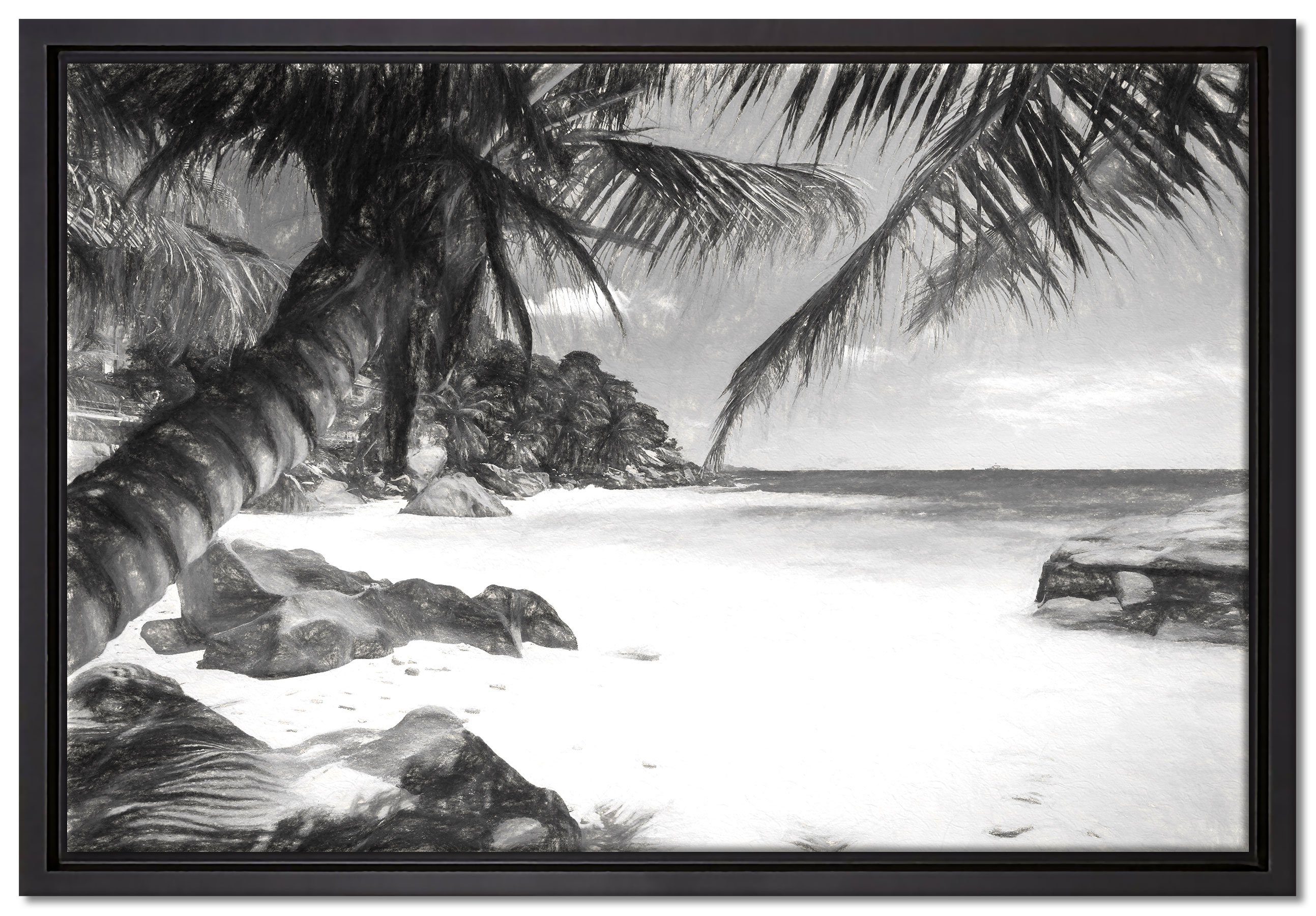 Zackenaufhänger Wanddekoration Palmenstrand Leinwandbild (1 gefasst, St), Pixxprint in Kunst, einem Leinwandbild Schattenfugen-Bilderrahmen inkl. Seychellen bespannt, fertig