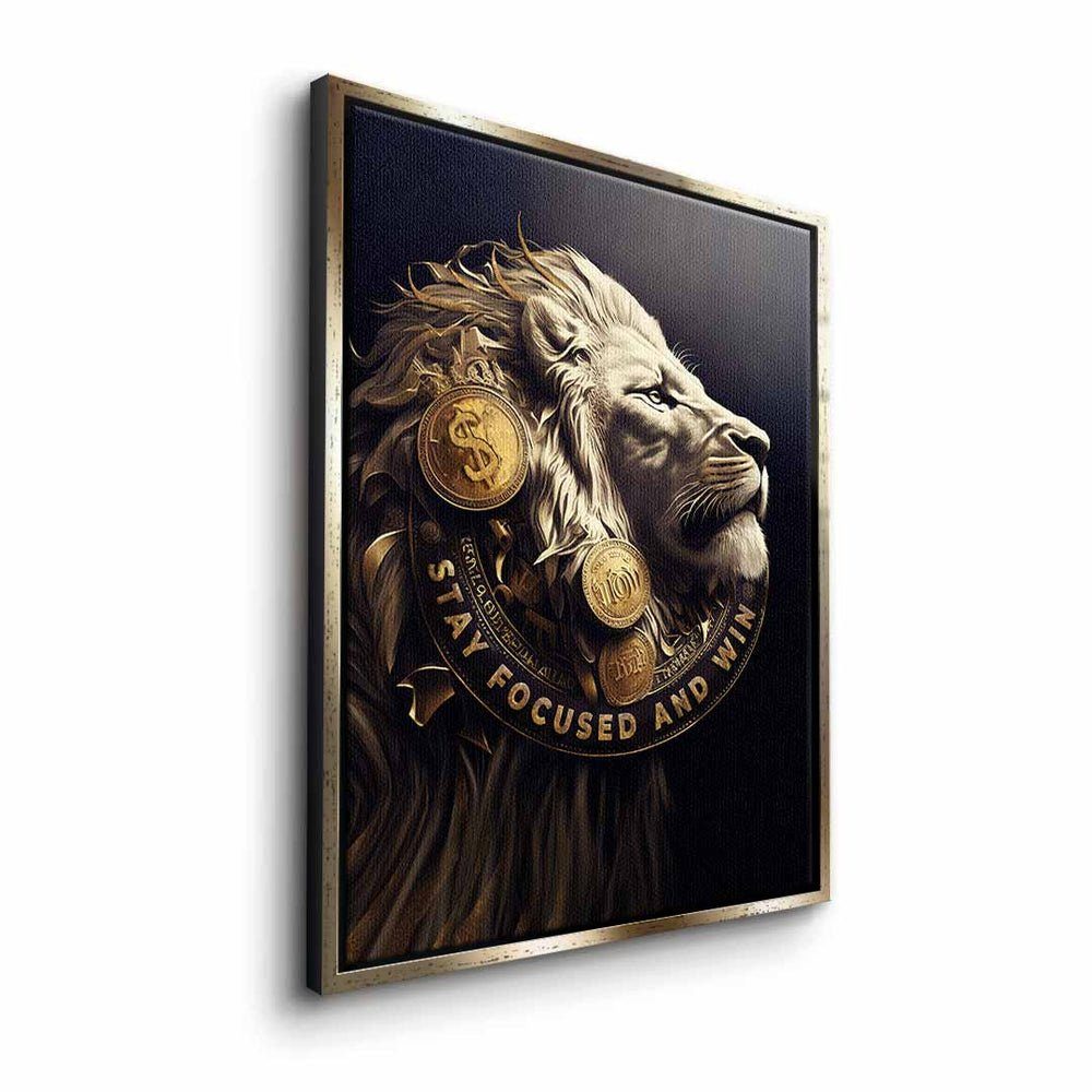Lion - Money Focused - and Motivationsbild Premium Leinwandbild, Win - DOTCOMCANVAS® Rahmen Stay schwarzer