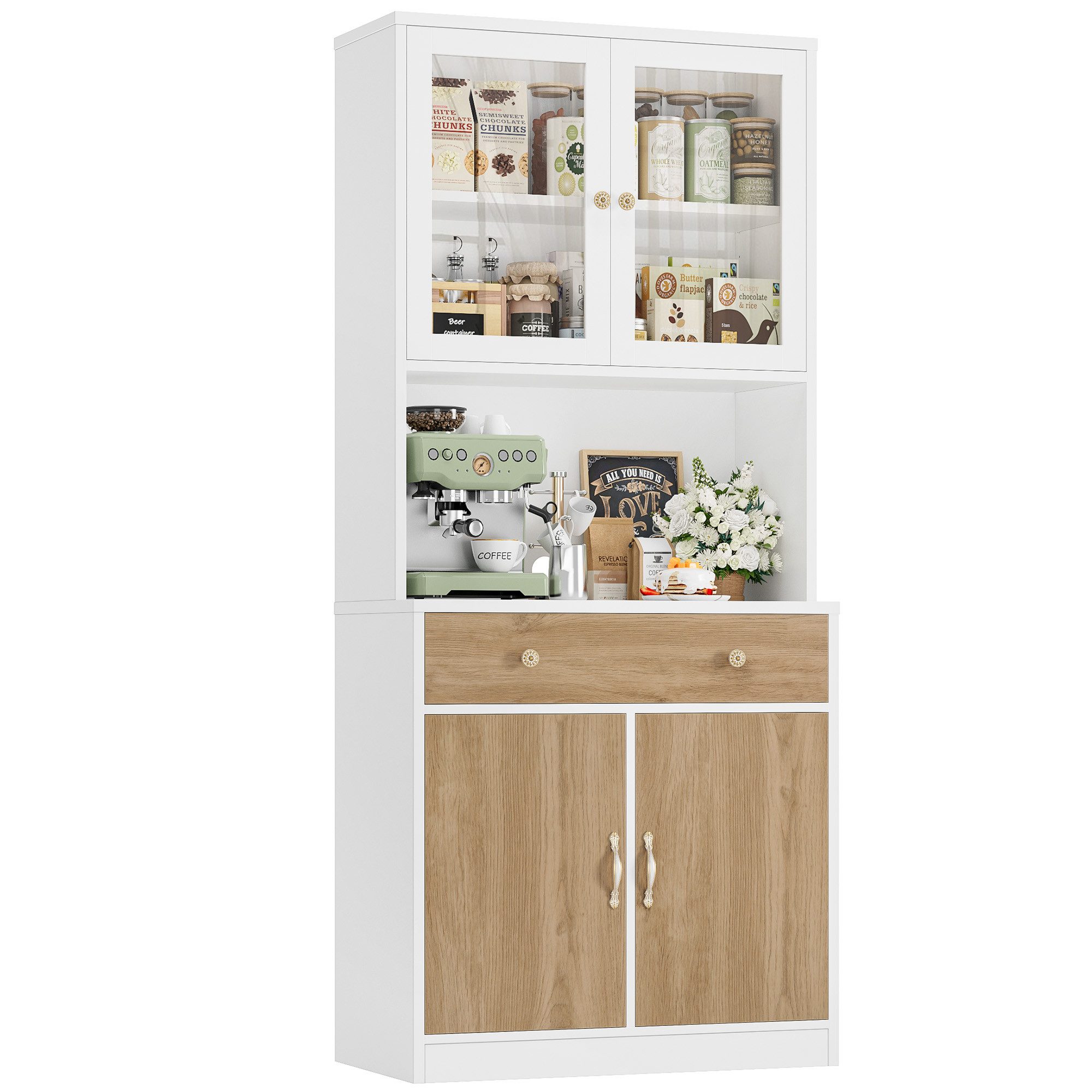 HOMECHO Küchenbuffet 180cm Küchenschrank Weiß mit Arbeitsplatte, 4 Türen, 2 Schubladen