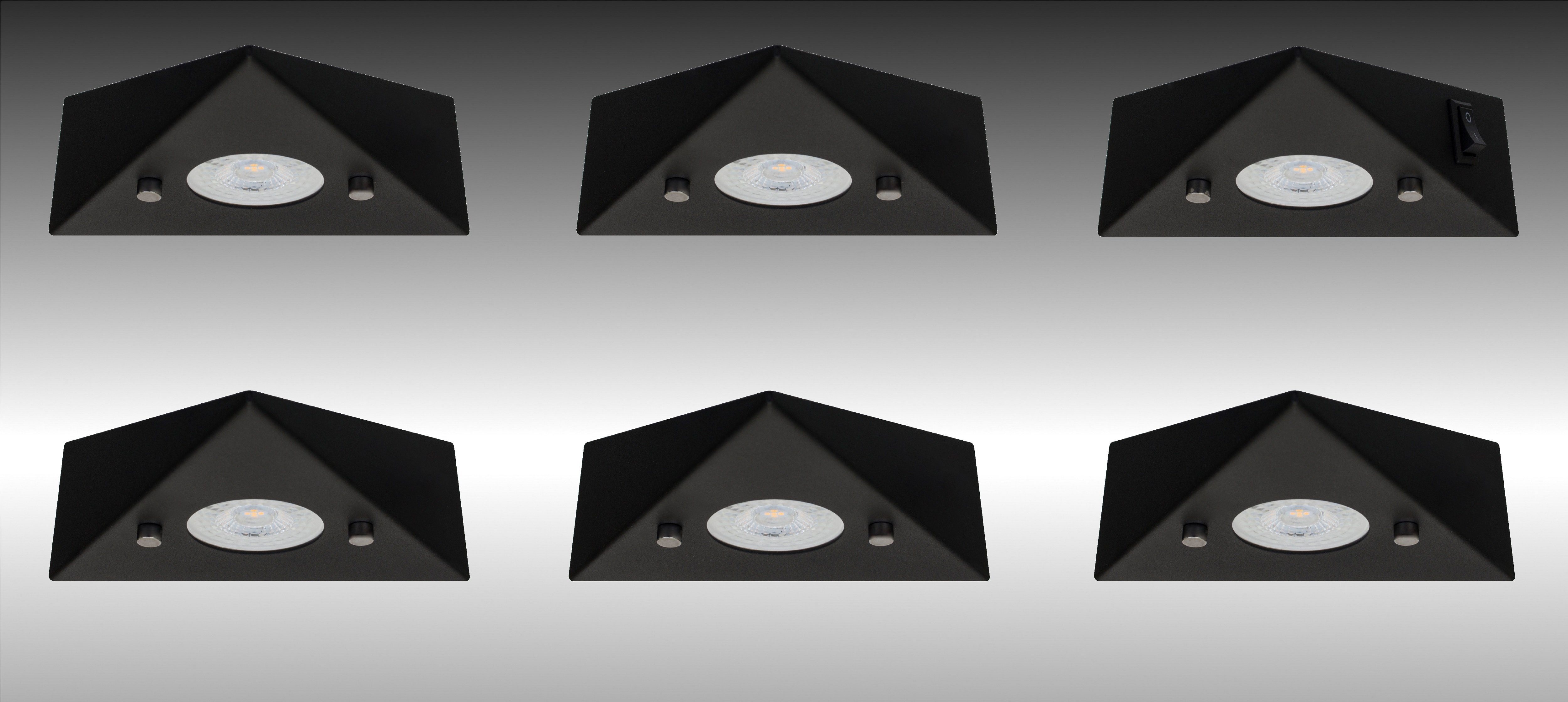 TRANGO LED Unterbauleuchte, 6er Set 6740-65 LED-Küchenunterbauleuchte aus Edelstahl in Matt-Schwarz *COOK* LED Einbauleuchte - Einbaustrahler inkl. 6x 4,8 Watt LED Modul 3000K warmweiß - direkt 230 Volt - beliebig erweiterbar, Schalter - Dreieckleuchte – Schrankleuchte