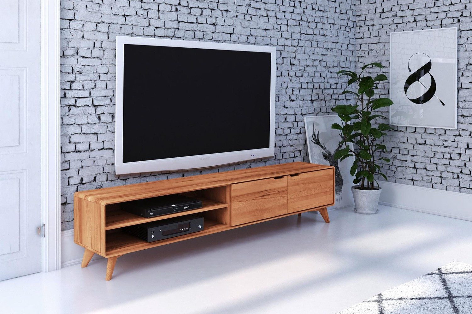 Natur24 Lowboard TV-Board Gerg Kernbuche 220x40x48 mit 2 Türen und 2 offenen Fächern