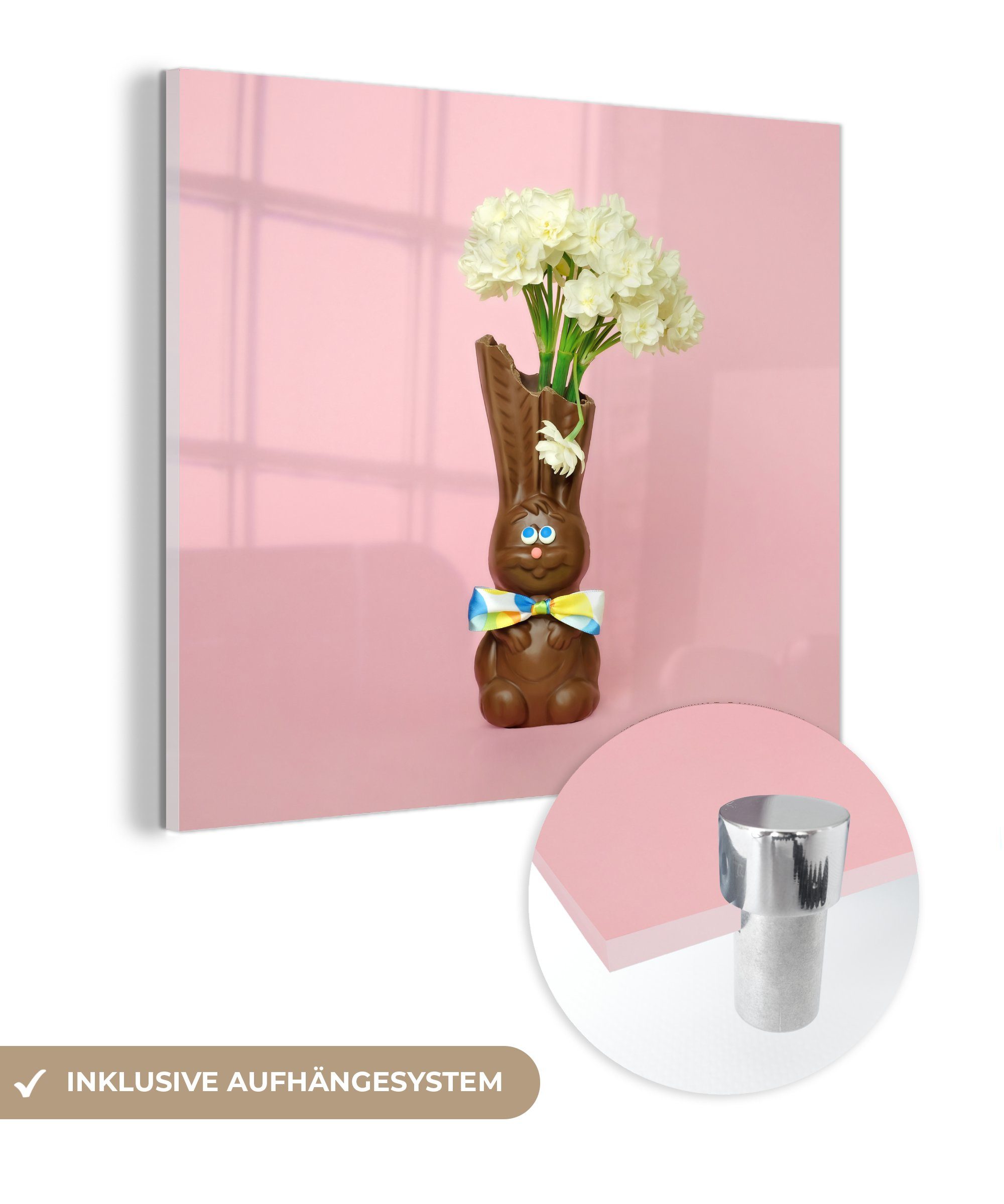 MuchoWow Acrylglasbild Schokoladenosterhase mit Blumen, (1 St), Glasbilder - Bilder auf Glas Wandbild - Foto auf Glas - Wanddekoration