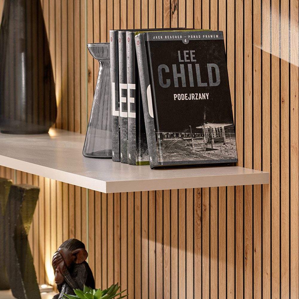 Lomadox Wohnwand GALATINA-164, (2-St., Wandpaneel, Hängeschränke, Lowboard), Anbauwand mit LED-Beleuchtung, weiß mit Eiche