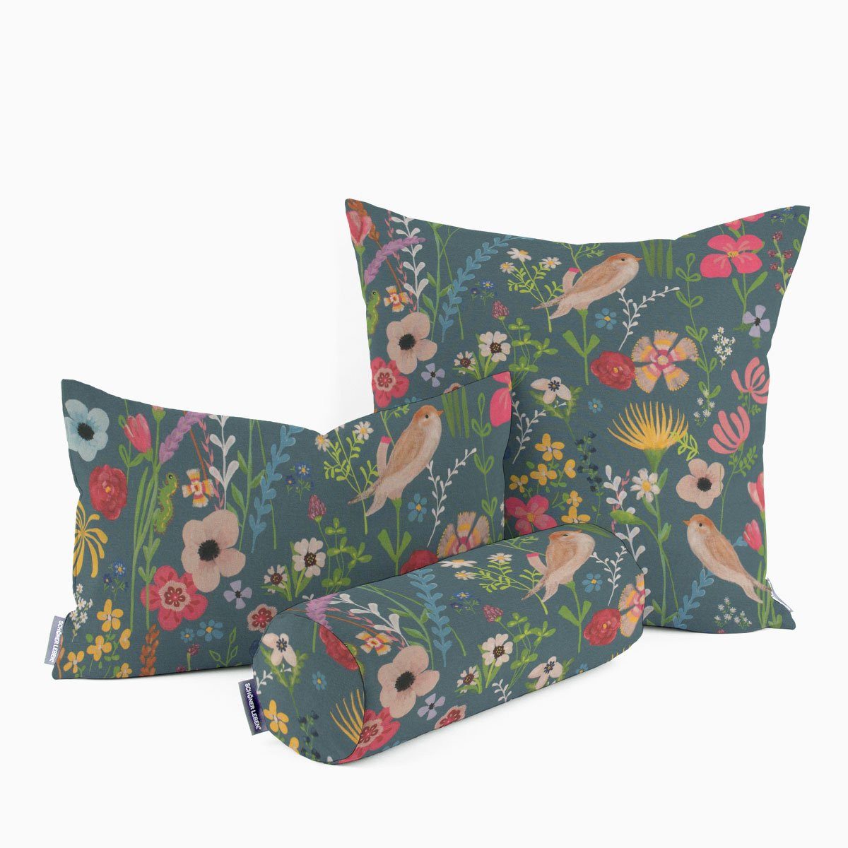 SCHÖNER LEBEN. Dekokissen Kissenhülle Outdoor Happy Garden Blumen Vögel blau bu, Outdoor,made in Germany,handmade,wasserabweisend