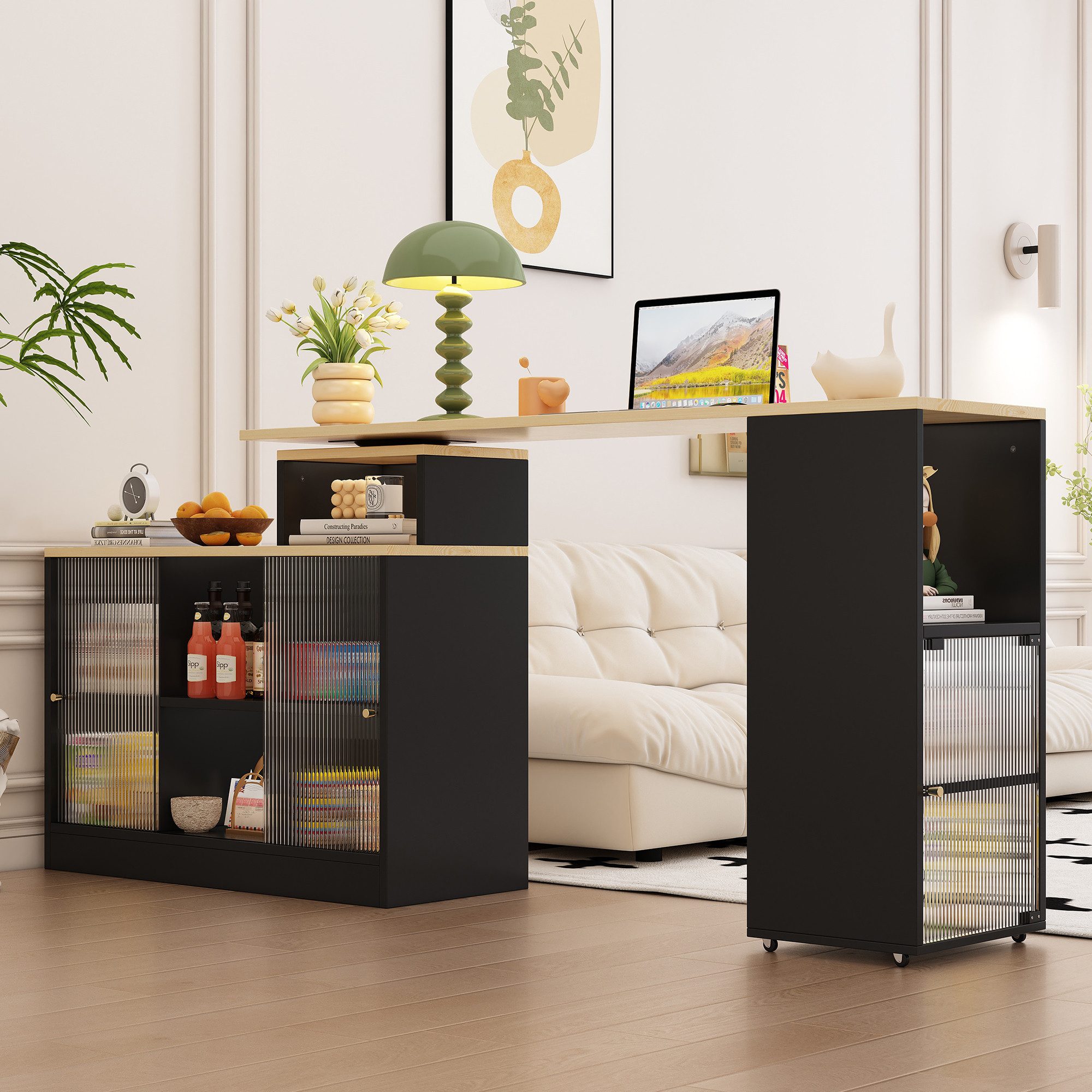 Flieks Bartisch mit Aufbewahrungsschrank (Set, 2-St., 360° drehbar, Bistrotisch mit Rollen und Glastüren), ausziehbar Esstisch mit Sideboard Stehtisch mit Stauraum Anricht