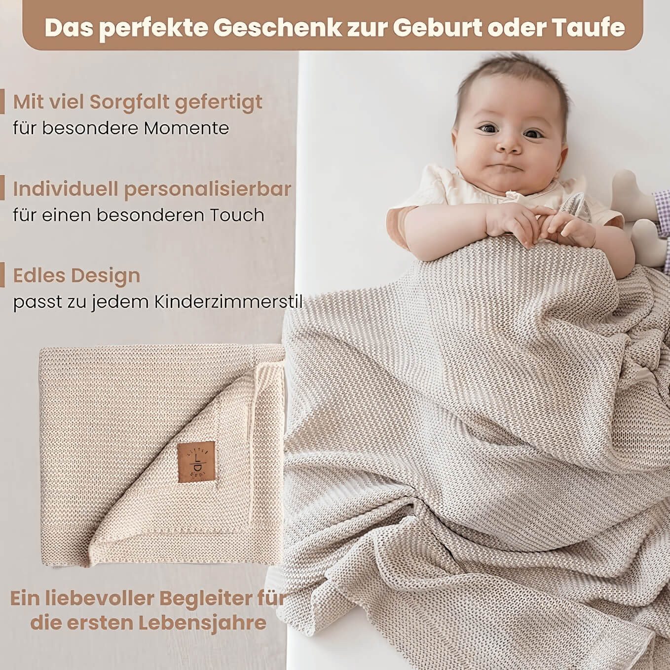Babydecke Baby Strickdecke, Babydecke, Weich & Atmungsaktiv, 80x100cm, Beige, Little Dedi – Bild 3 von 5