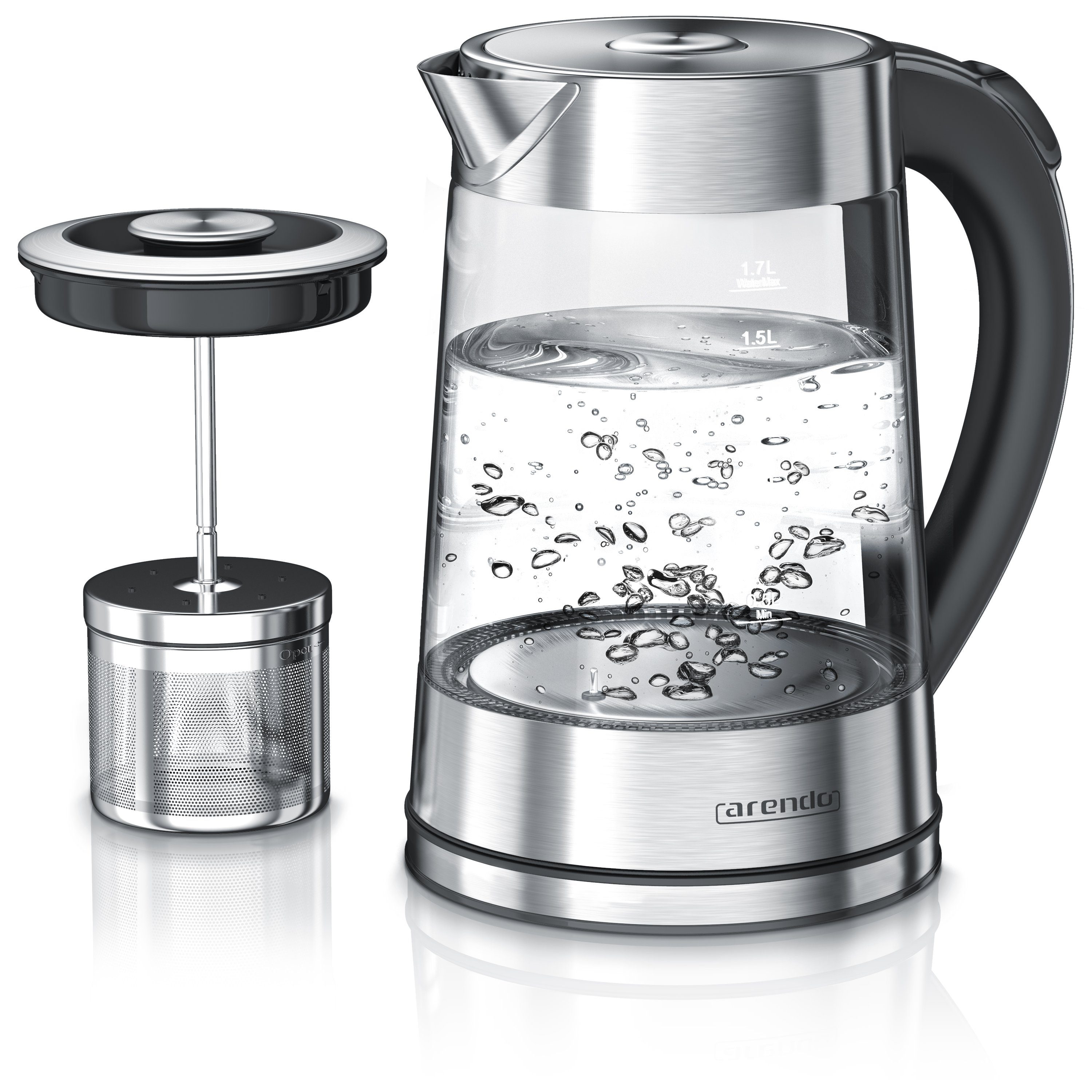 Arendo Wasserkocher aus Glas & Edelstahl mit Temperatureinstellung und Teesieb, Teekocher, 1,7 l, 2200 W, Temperaturwahl 40° C - 100° C, Abschaltautomatik, Warmhaltefunktion
