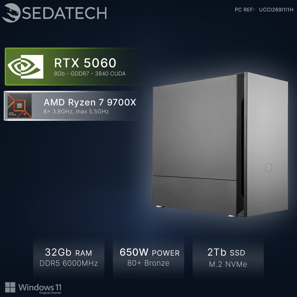 Sedatech UCCI269I1I1HF - Gaming-PC (AMD Ryzen 7 9700X 8x 3.8GHz (max 5.5GHz), Geforce RTX5060 8GB, 32 GB RAM, 2000 GB SSD, Wlan 6E)