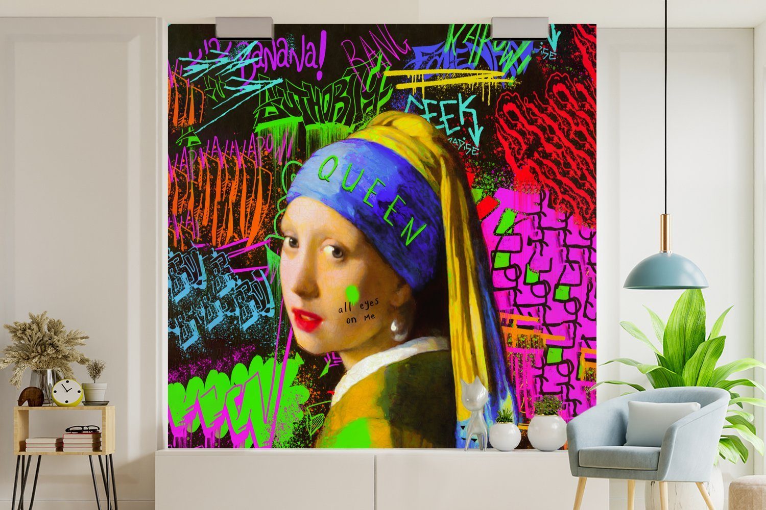 Girl Wandtapete Matt, - a Pearl Earring Neon (5 Wohnzimmer Schlafzimmer, MuchoWow für Tapete - bedruckt, St), Fototapete Vinyl Graffiti, oder with