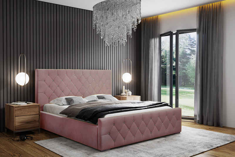 VIVENTE Möbel Polsterbett SEVILLA Rose-140 x 200 cm-mit Holz Rahmen Lattenrost, mit Bettkasten