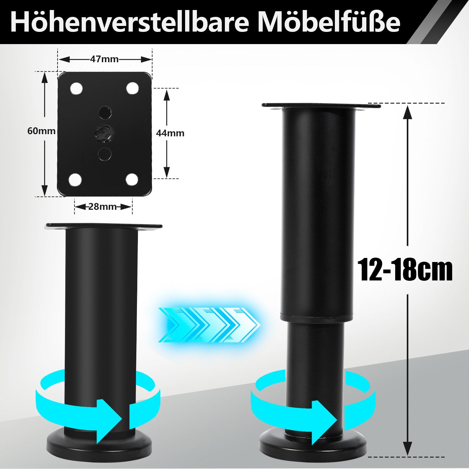 Clanmacy Möbelfuß 4X Möbelfüße 12-18cm Dehnbar( Schwarz) Verstellbar Hotel Sockelfüße – Bild 2 von 5