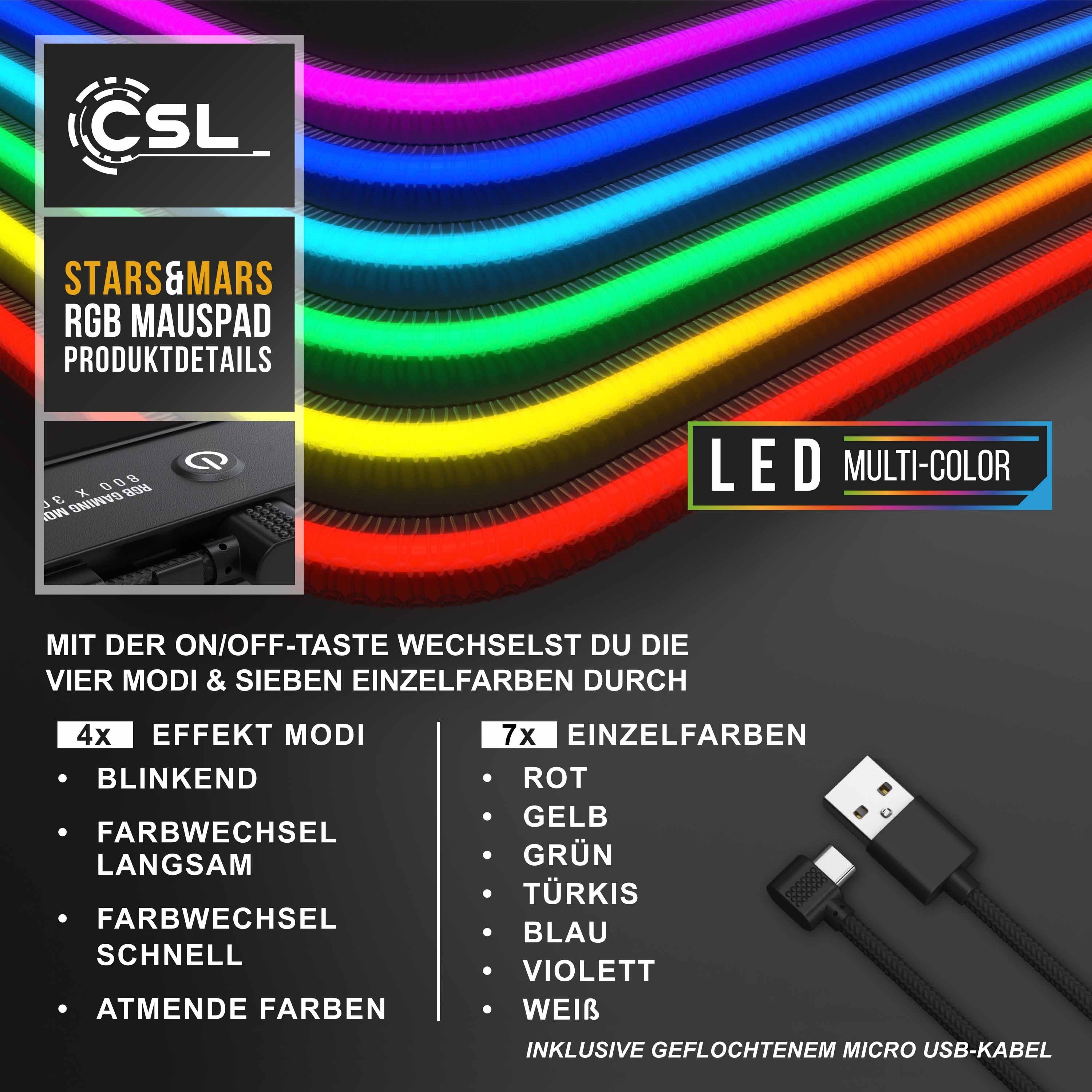 CSL Gaming Mauspad RGB Mousepad 800 x 300 x 3 mm, LED Multi Color XL Tischunterlage, rutschfest, abwaschbar, Geschwindigkeit & Präzision, Stars & Mars
