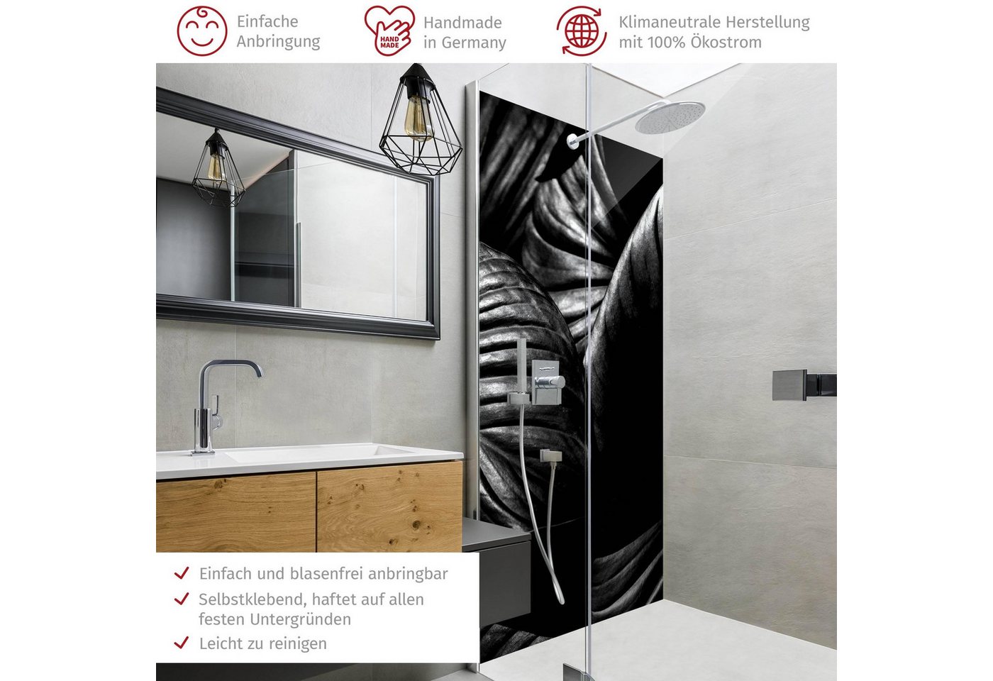 Thumbnail - Bilderdepot24 Badrückwand Tropisch schwarz weiß Duschrückwand ohne Bohren Dusche, (1-tlg., Hart-Folie Premium matt 0,61 ...