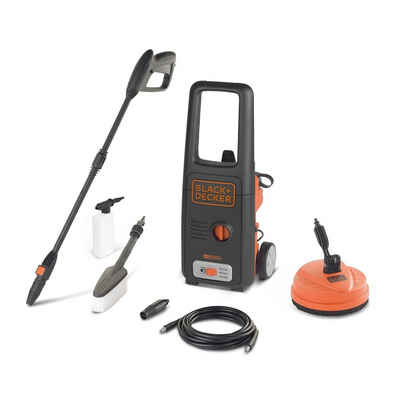 Black + Decker Hochdruckreiniger Hochdruckreiniger 1400 W 110 bar, 1400 W, (Stück, 1 tlg., 1 Hochdruckreiniger inkl. Zubehör), mit Flächenreiniger und fester Bürste