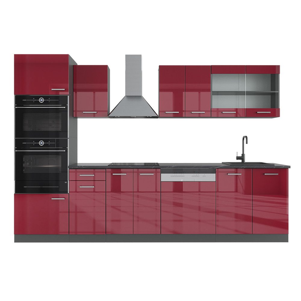 Vicco Küchenzeile R-Line, Rot Hochglanz/Anthrazit/Anthrazit, 300 cm mit Hochschrank, ...