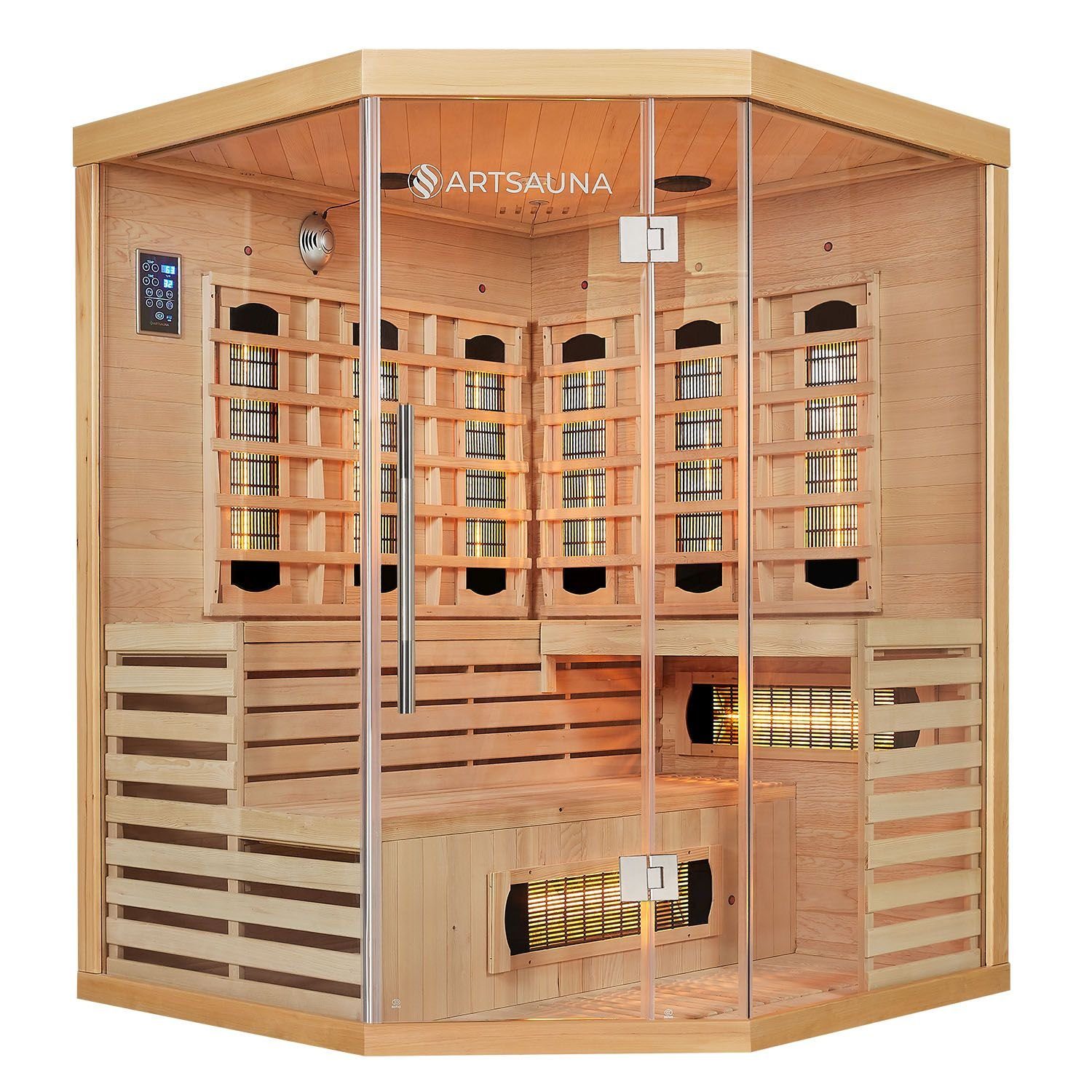 Artsauna Infrarotkabine Kiruna150 Dual Technologie, für 3 Personen, Hemlock-Holz, HiFi-System, Ionisator, LED-Farblicht