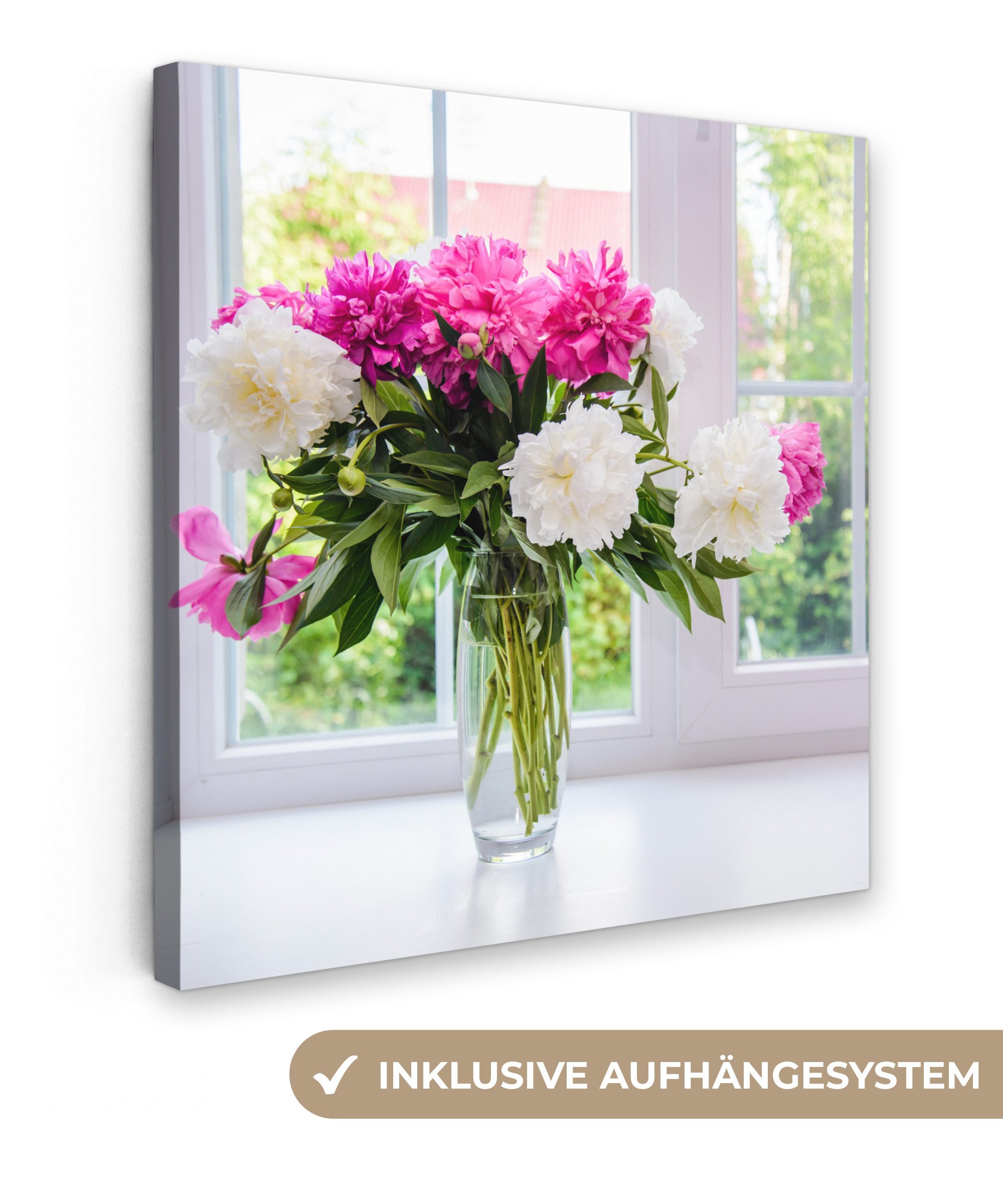 OneMillionCanvasses® Leinwandbild Blumen - Pfingstrosen - Vase, Fotodruck (1 St), Wandbild, Deko Schlafzimmer Wohnzimmer Flur 20x20 cm