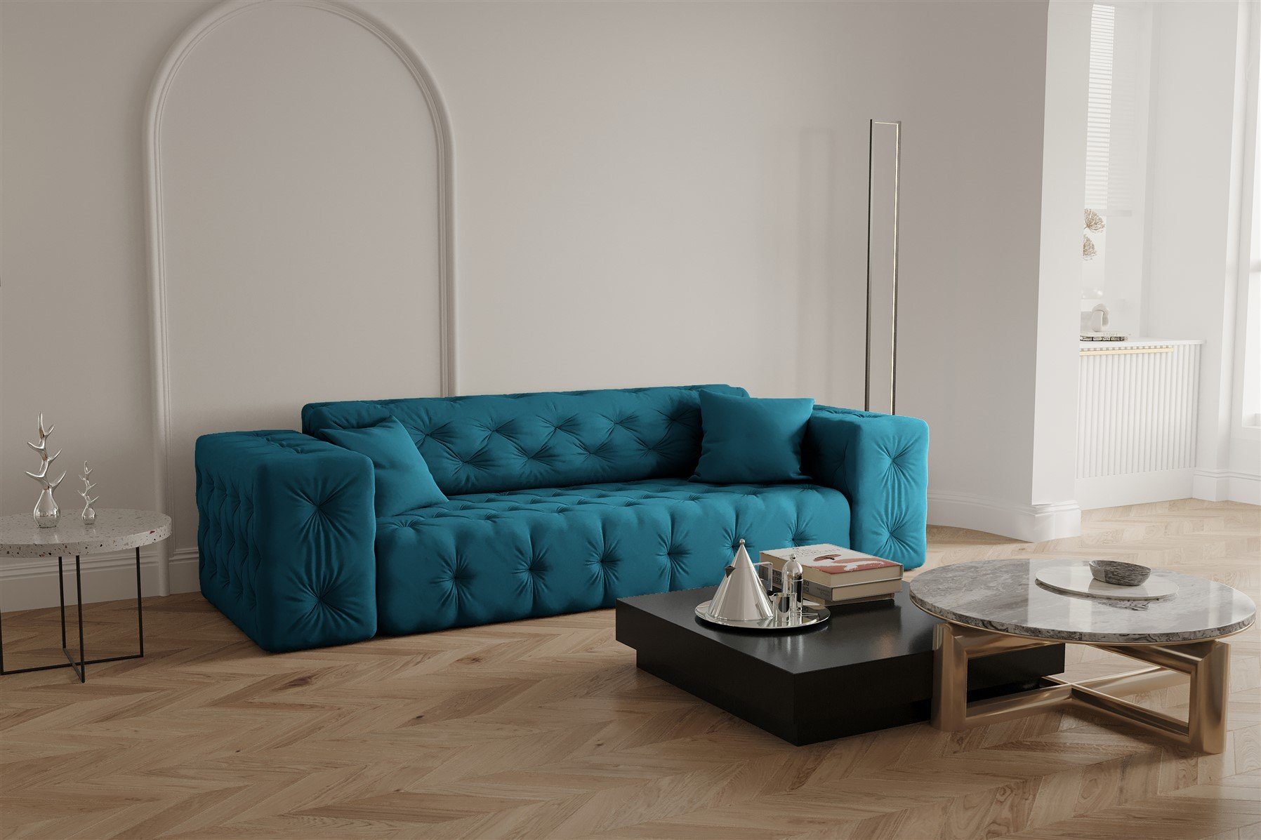 Designersofa Sofa Velvet Stoff in Opera Fun Möbel CHANTAL Sofa Ozeanblau 3-Sitzer