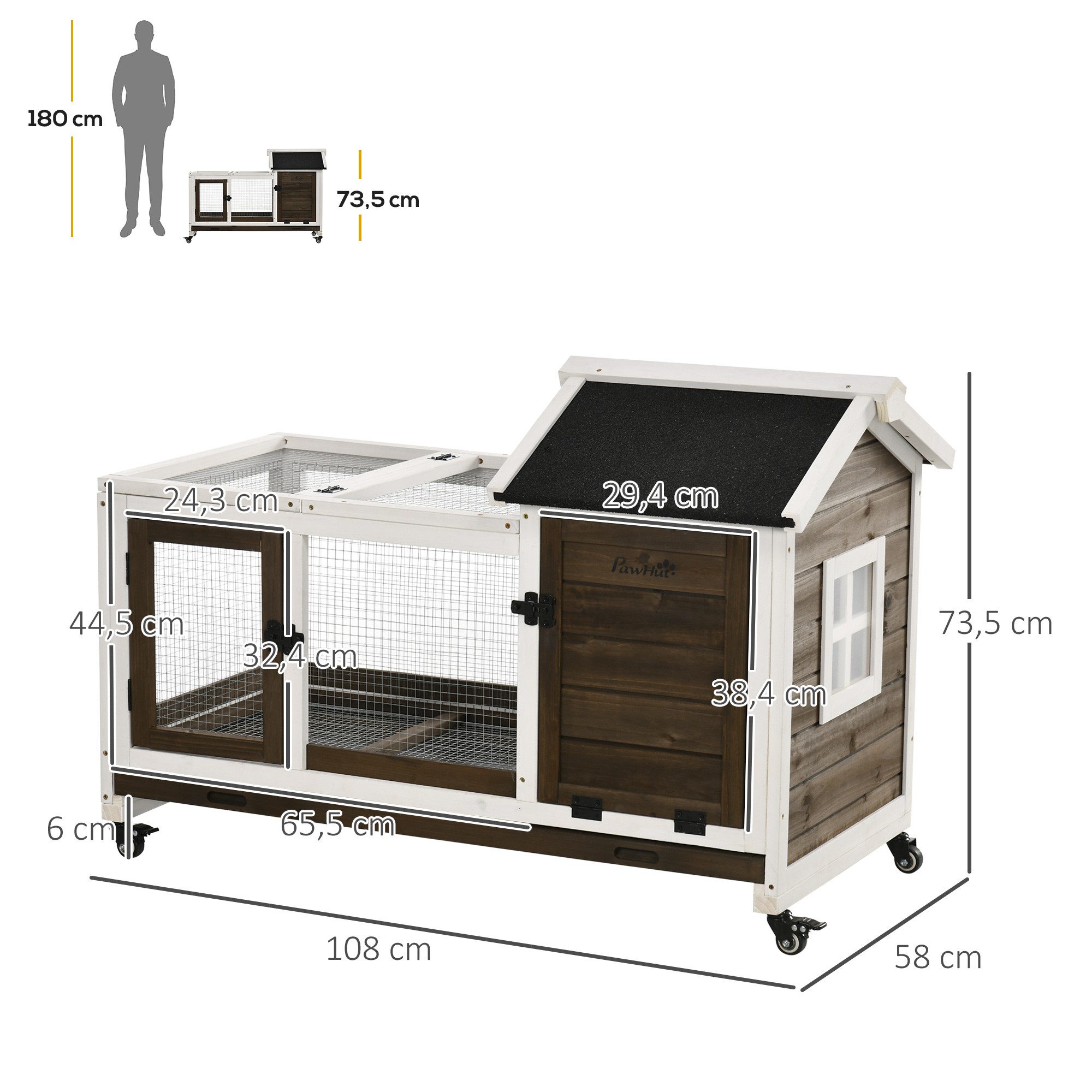 PawHut Kleintierstall Zwergkaninchenstall mit Freilaufgehege, Räder, Zwergkaninchenkäfig, mit Ausziehbarem Tablett für Indoor, Outdoor, Kaffee-Braun