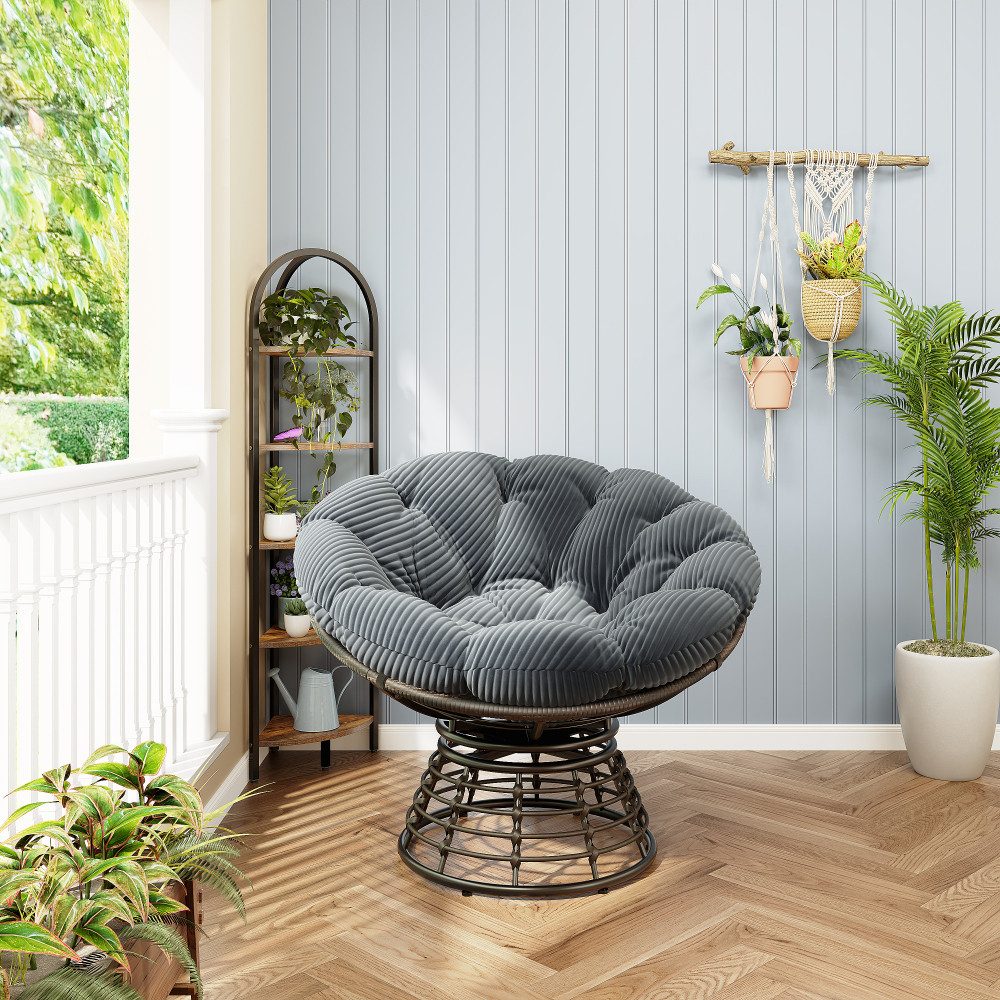 BBG Gartensessel Papasan Sessel mit 360° Drehfunktion, ergonomischer (Rattan Lounge Sessel mit extra dickem Kissen,Indoor Outdoor Drehsessel), bequemer Lesesessel für Wohnzimmer & Balkon