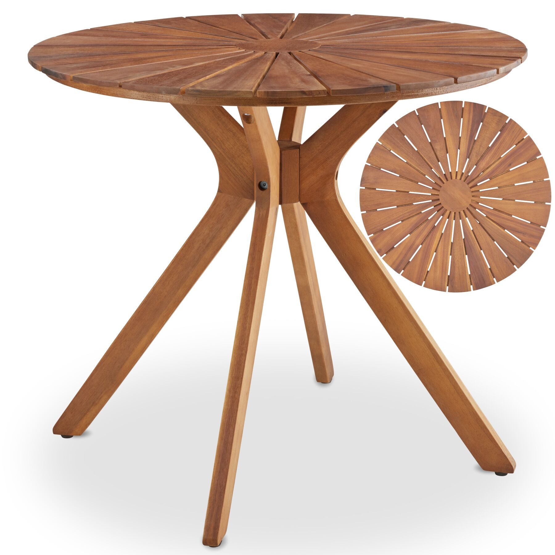 tectake Gartentisch runder outdoor Esstisch aus massivem Akazienholz, 70 x 70 x 62 cm (Terrassentisch Pollensa, 1-St., in braun), Tischplatte mit Sonnenmuster, höhenverstellbare Füße, wetterfest