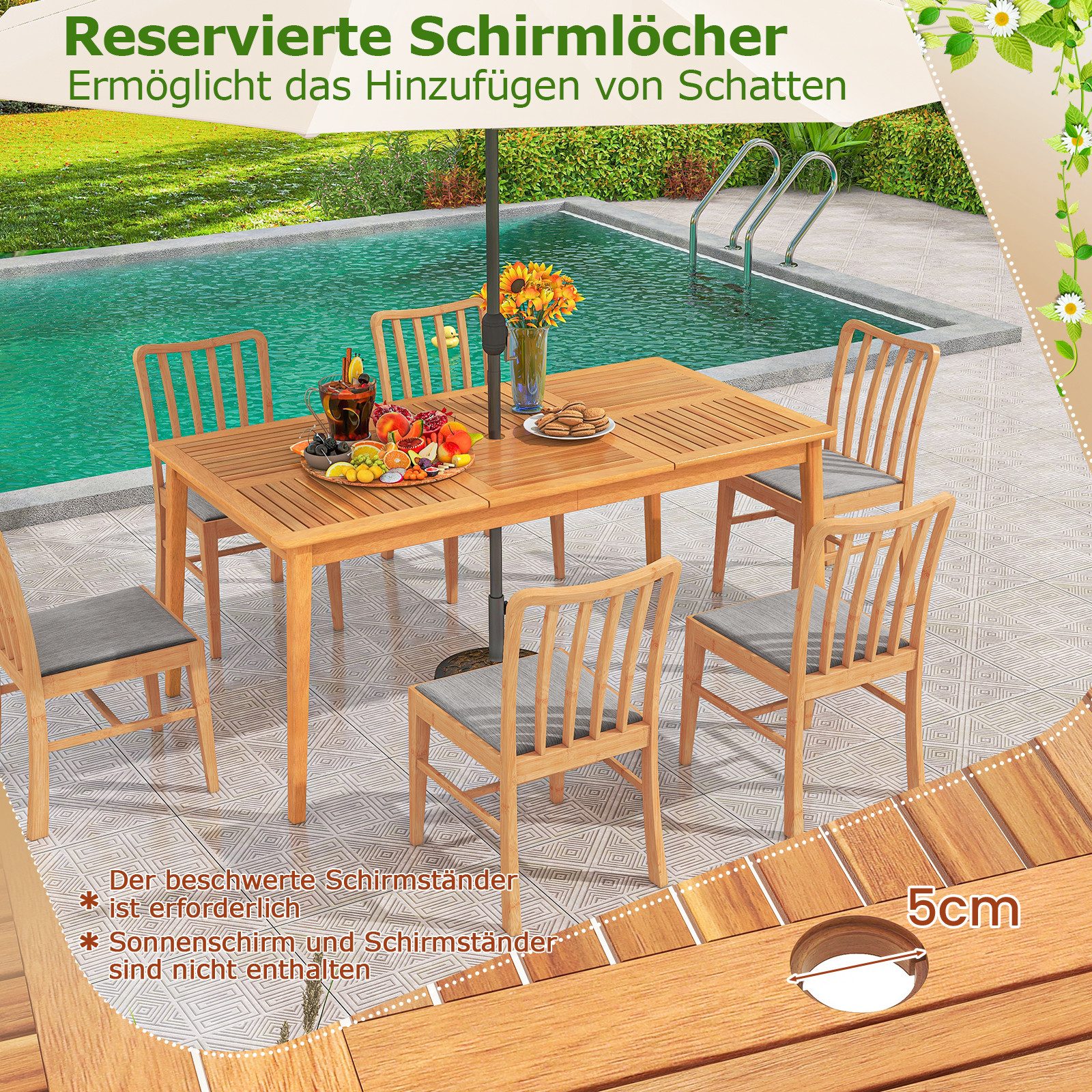 COSTWAY Gartentisch, mit Schirmloch, Akazienholz, 170x90cm, 6 Personen rechteckig