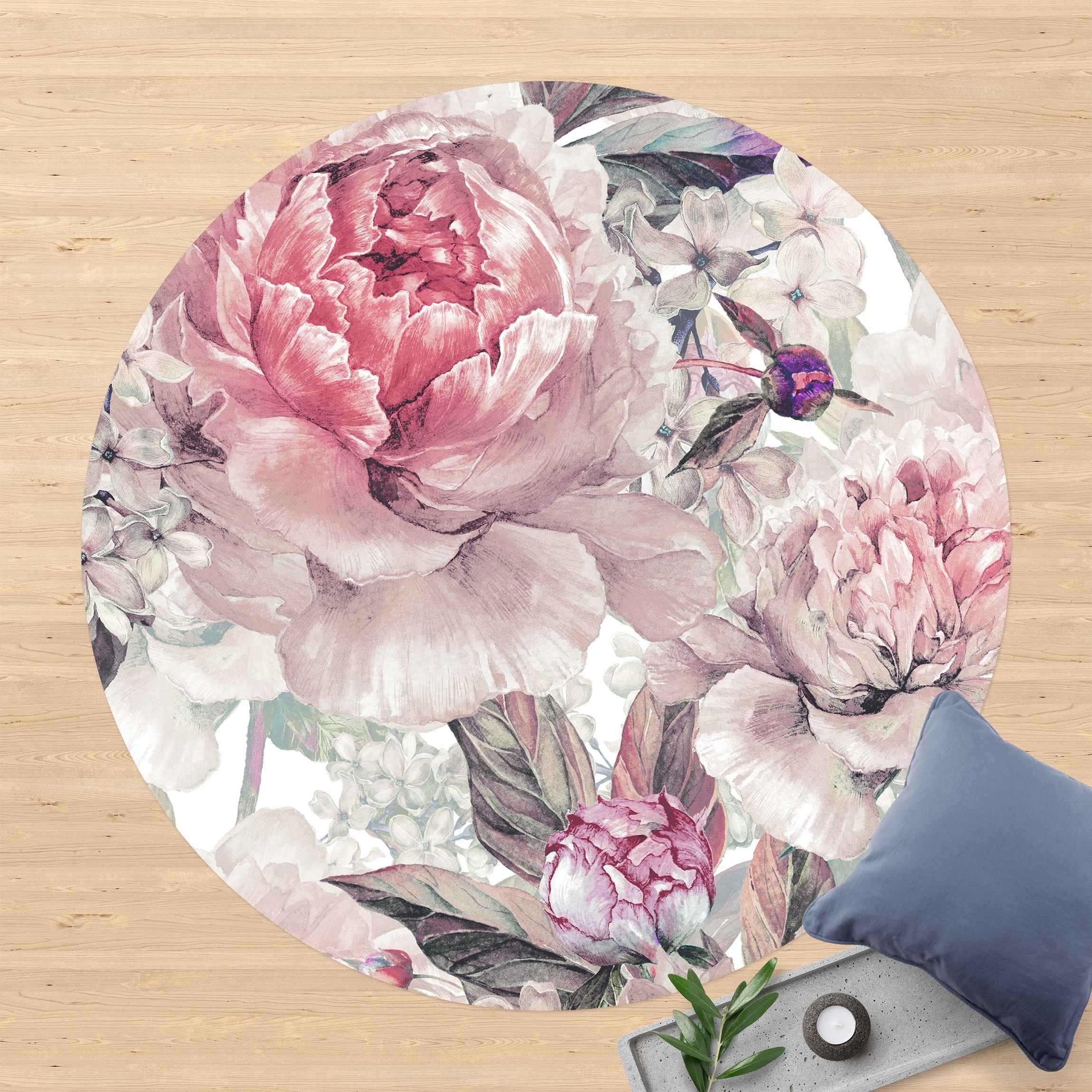 Bilderdepot24 Teppich Vinyl Wohnzimmer Schlafzimmer Flur Küche Muster Landhaus, rund - rosa glatt, nass wischbar (Küche, Tierhaare) - Saugroboter & Bodenheizung geeignet